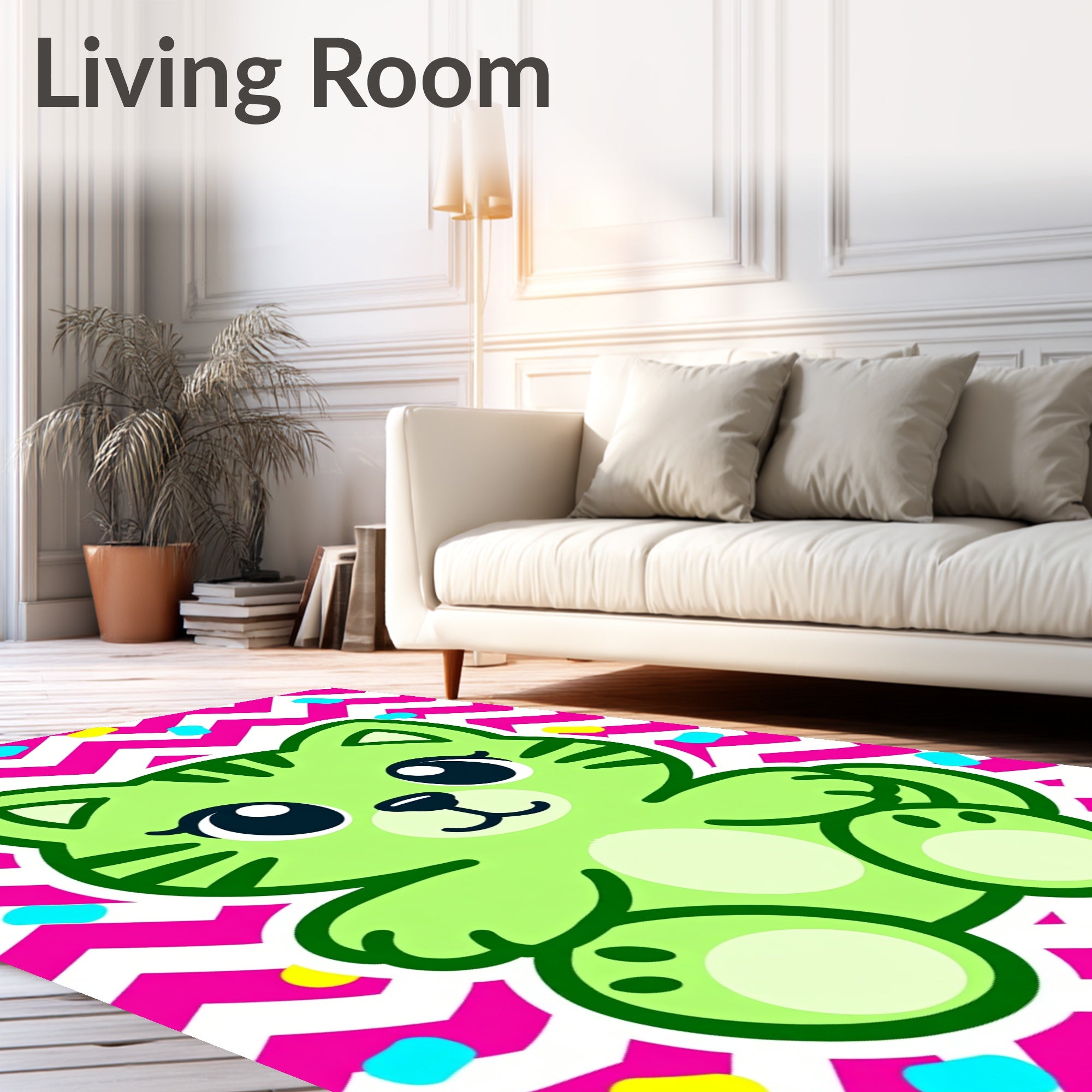 Lime Green Kawaii Cat Zigzag Confetti Rug