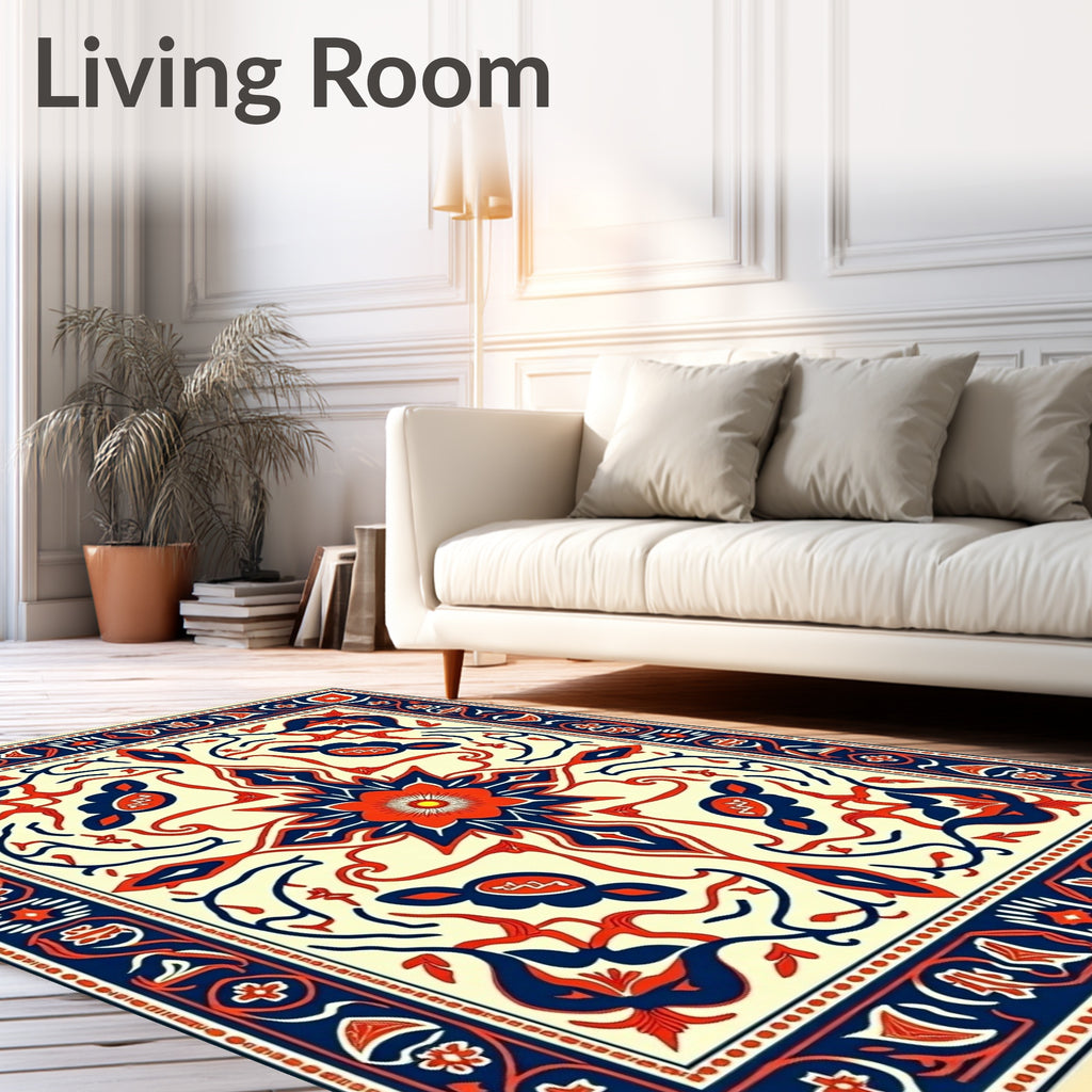 Red Navy Floral Medallion Botanical Layout Rug