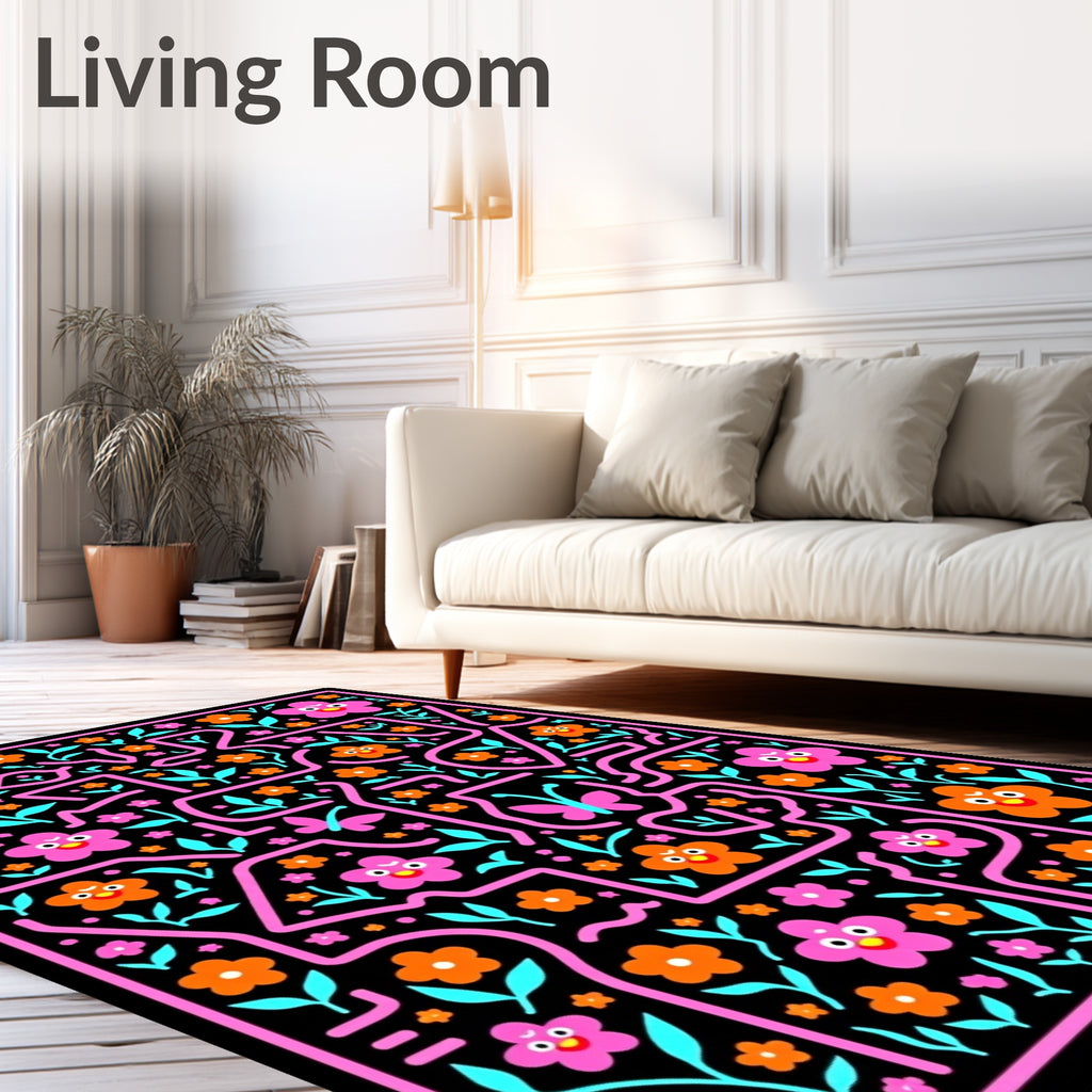 Whimsical Pink Orange Floral Butterfly Maze Rug