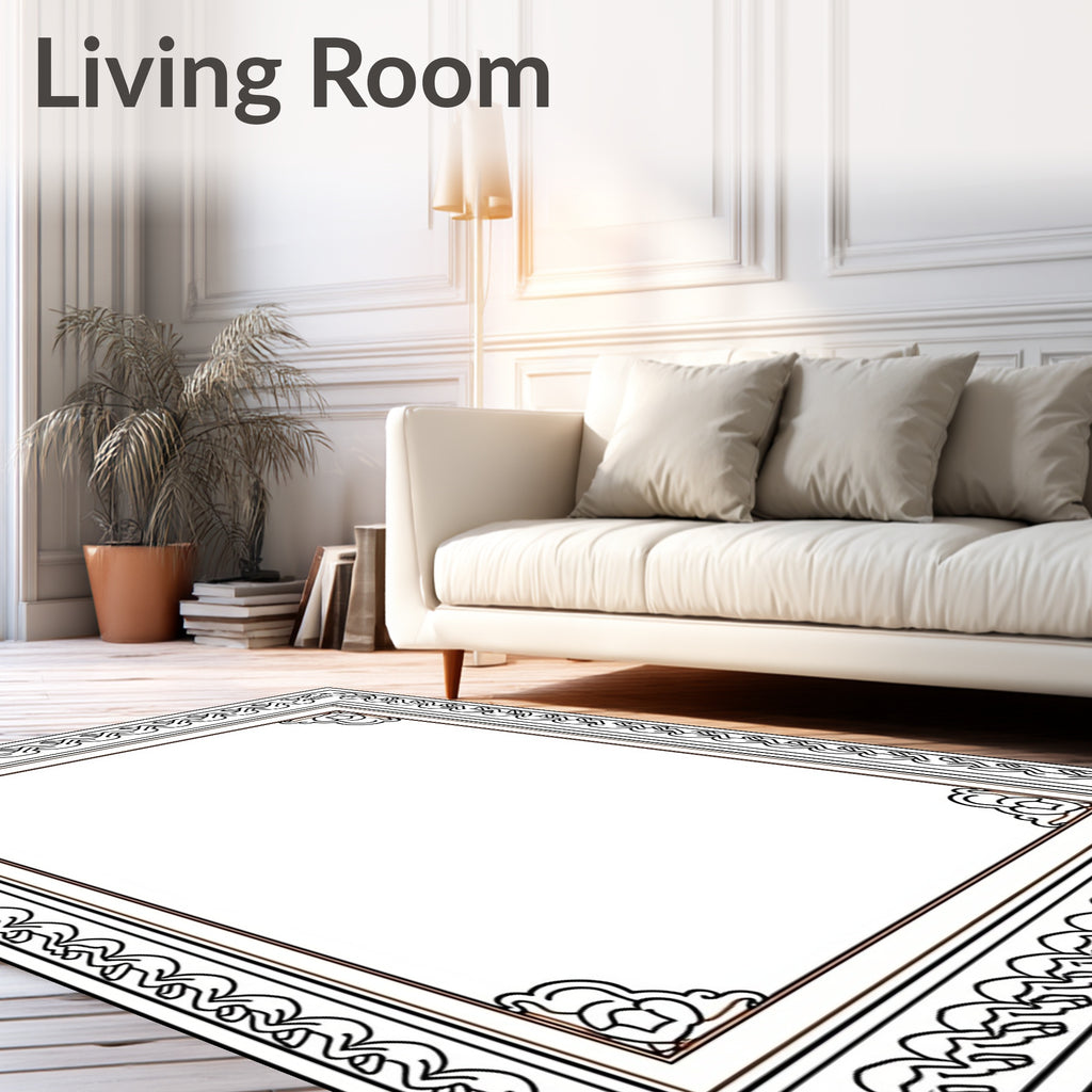 Ornate Black Bordered Geometric Frame Rug