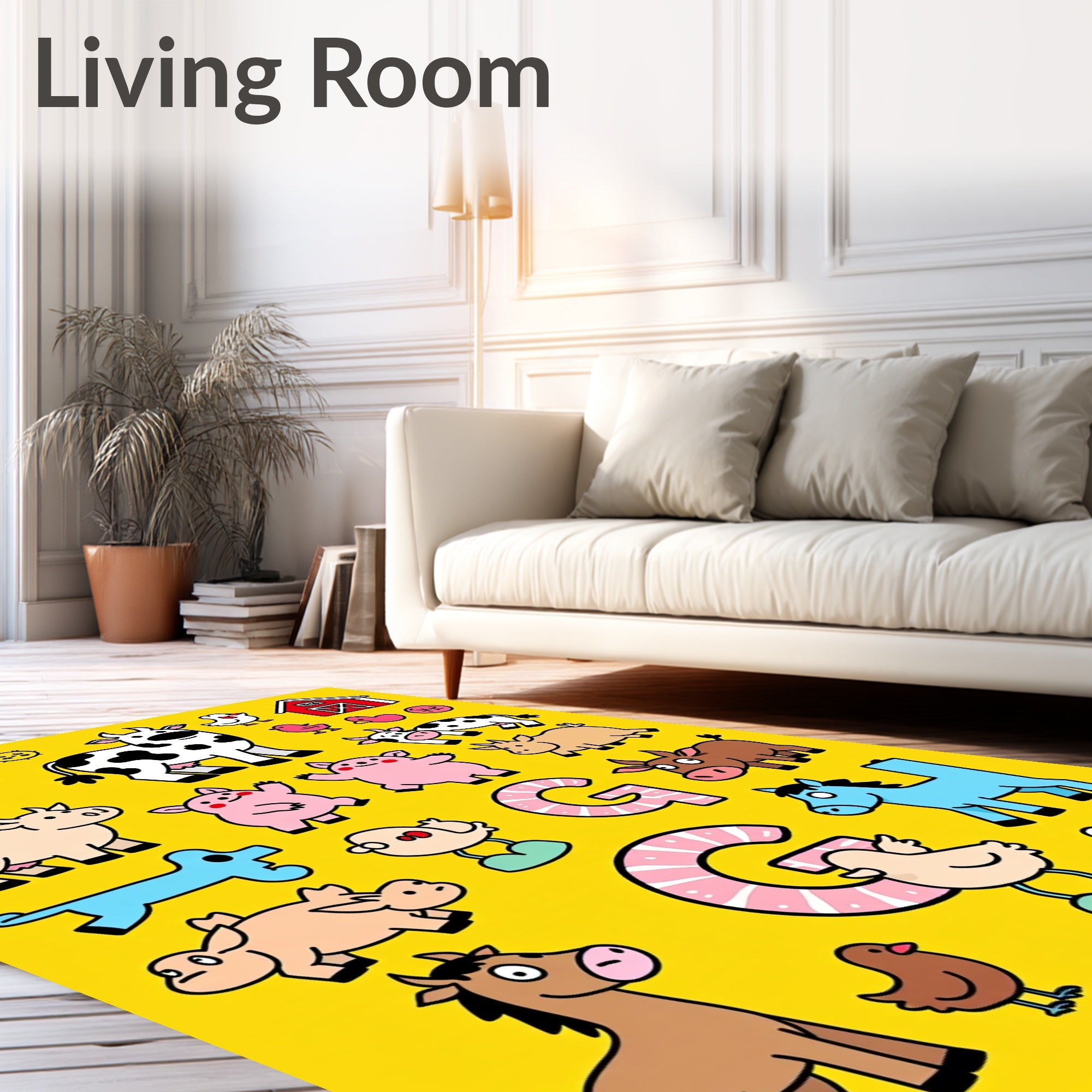 Whimsical Farm Animals Alphabet Yellow Rug