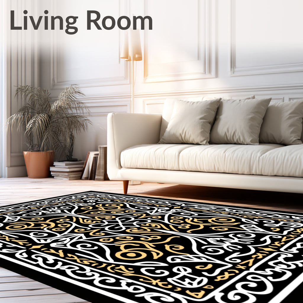 Elegant Gold White Filigree Swirl Rug