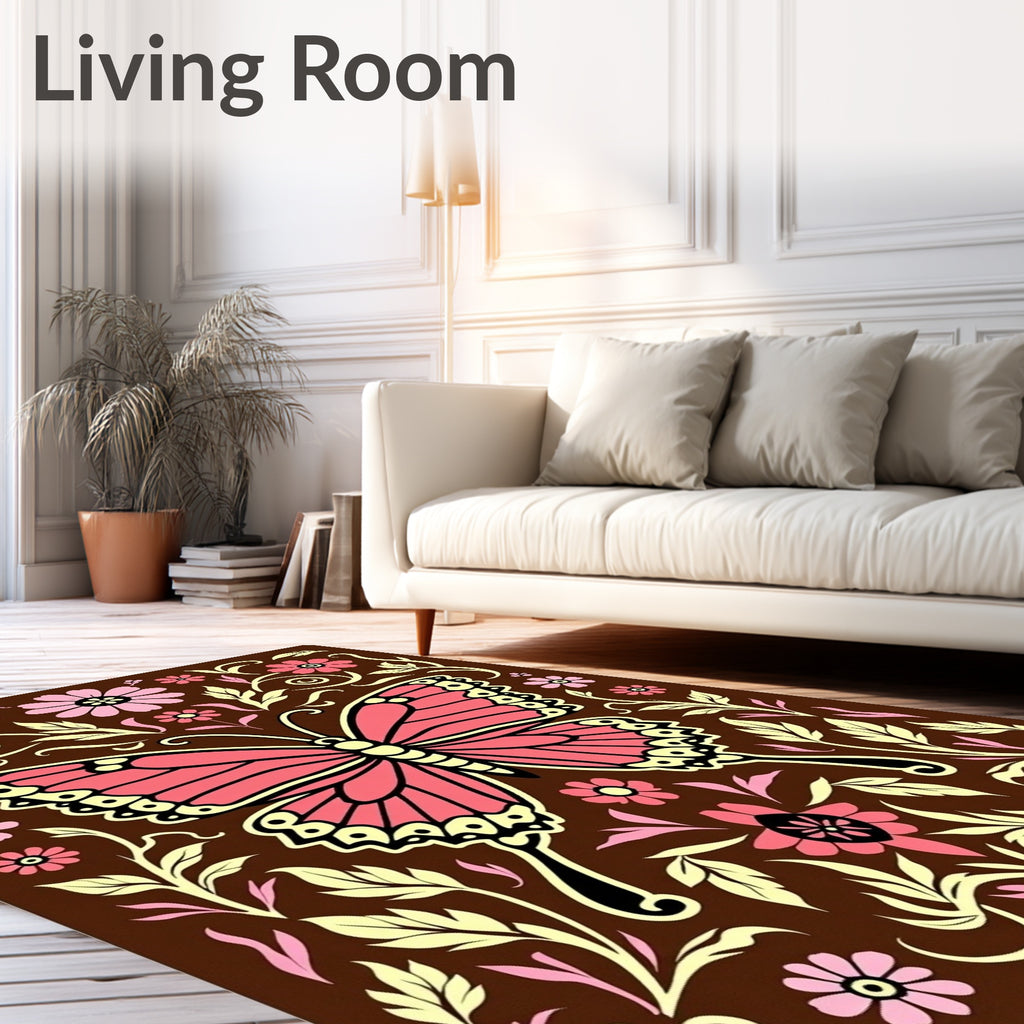 Pink Butterfly Floral Swirl Brown Rug