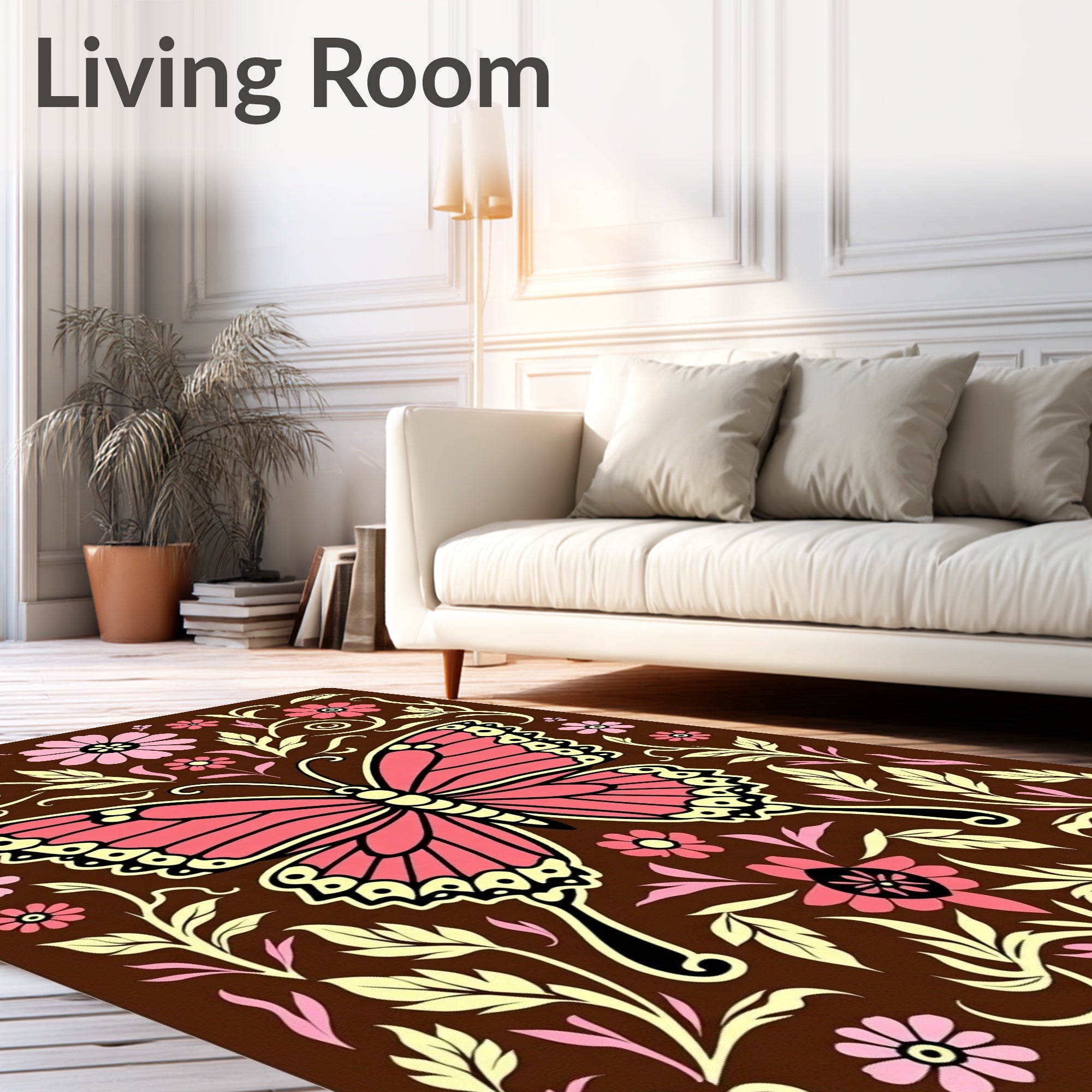 Pink Butterfly Floral Swirl Brown Rug