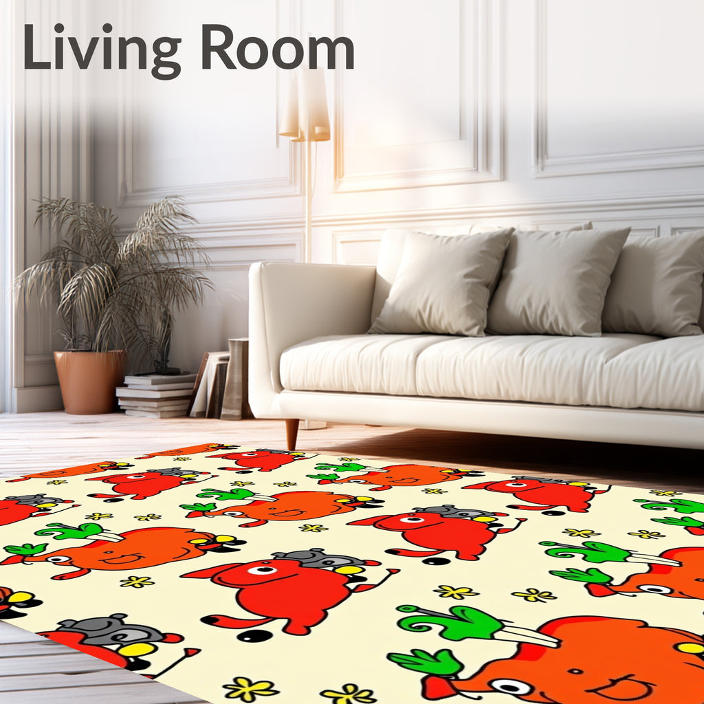 Playful Red Creatures Yellow Blooms Rug