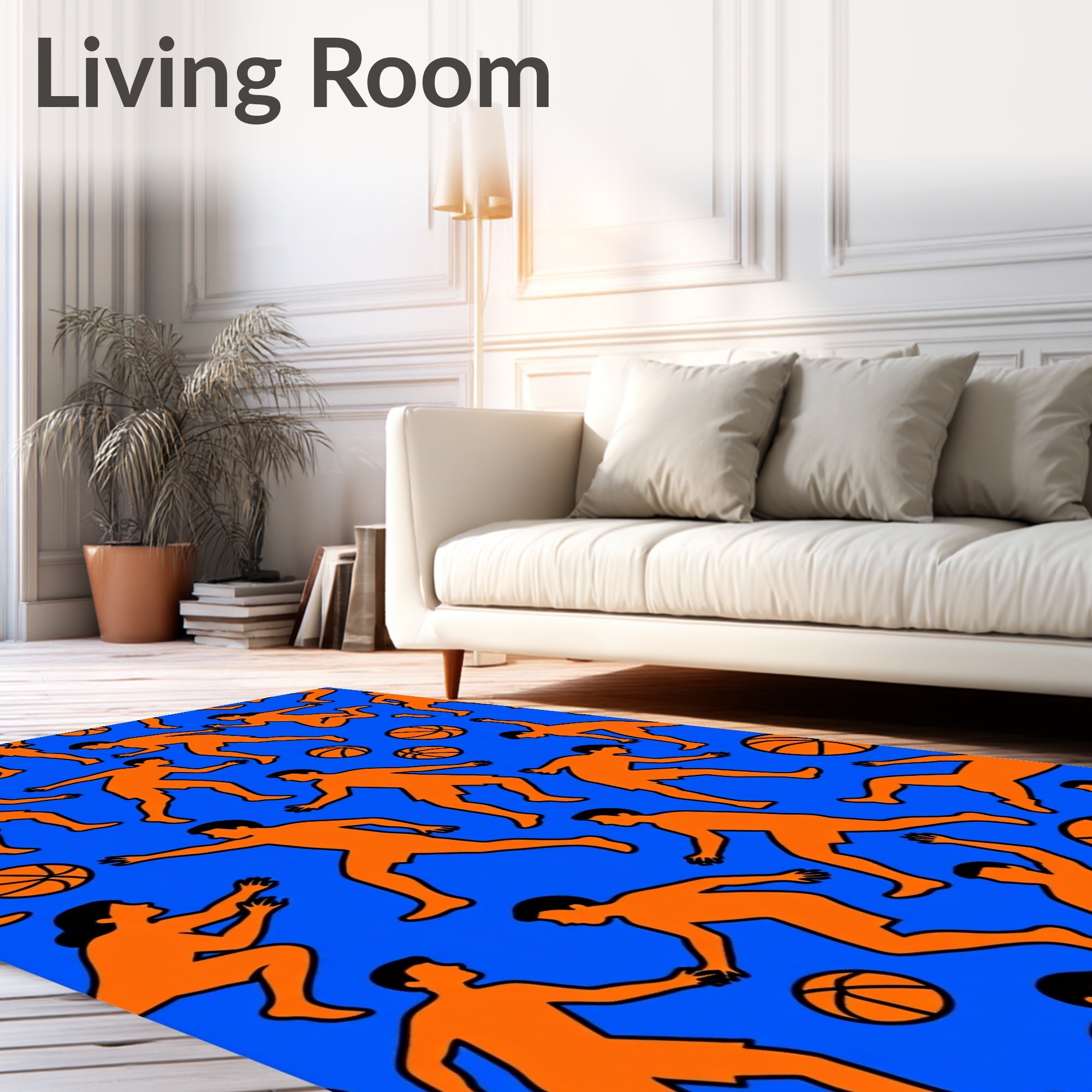 Orange Basketball Players Blue Field Rug