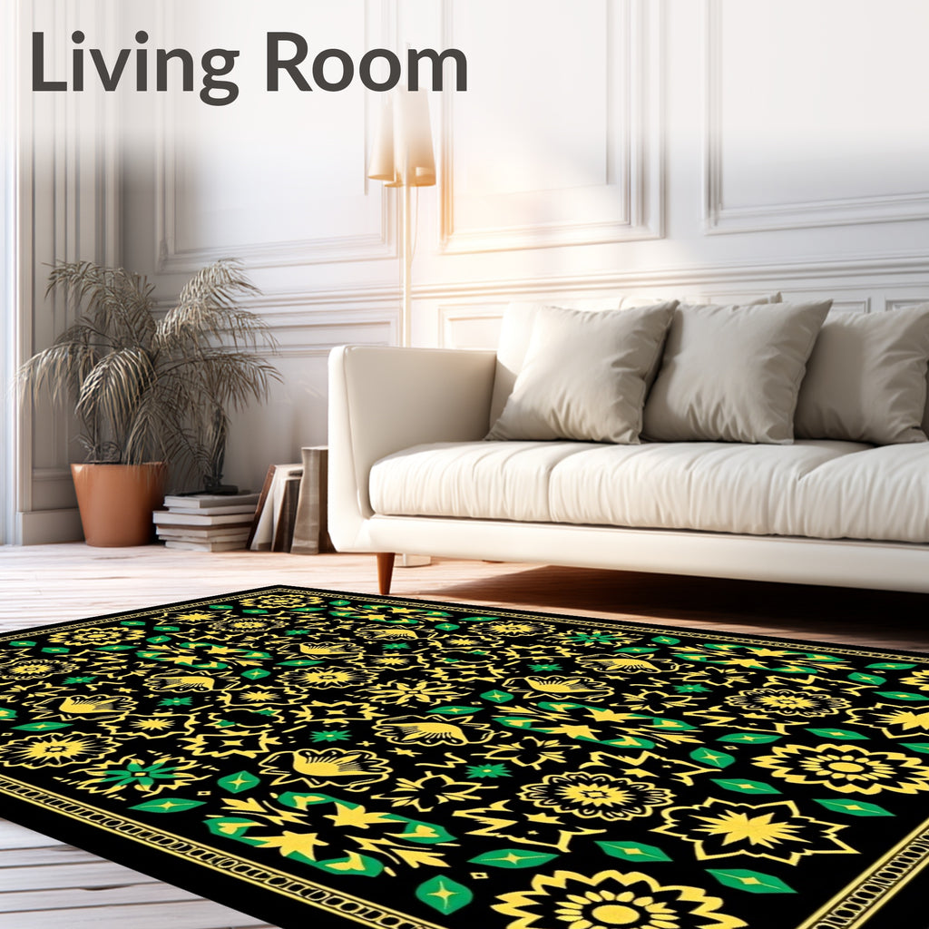 Black Yellow Green Floral Medallion Rug