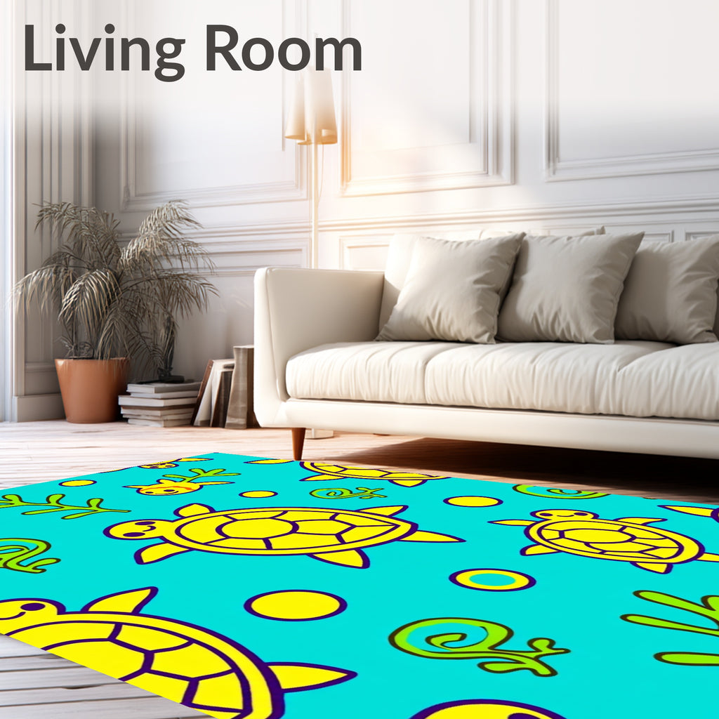 Whimsical Yellow Turtle Aquatic Scene Rug