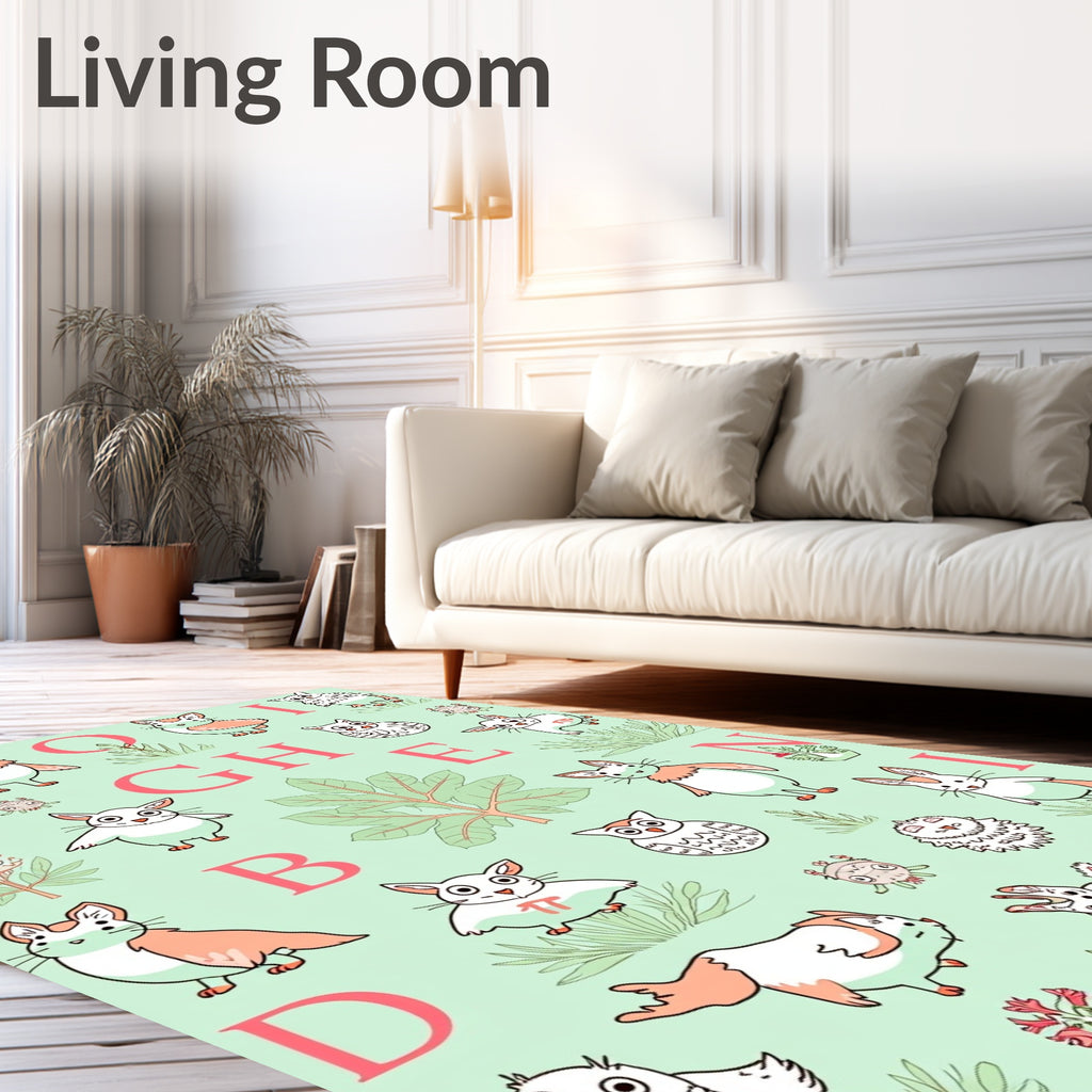 Whimsical Alphabet Creatures Green Background Rug