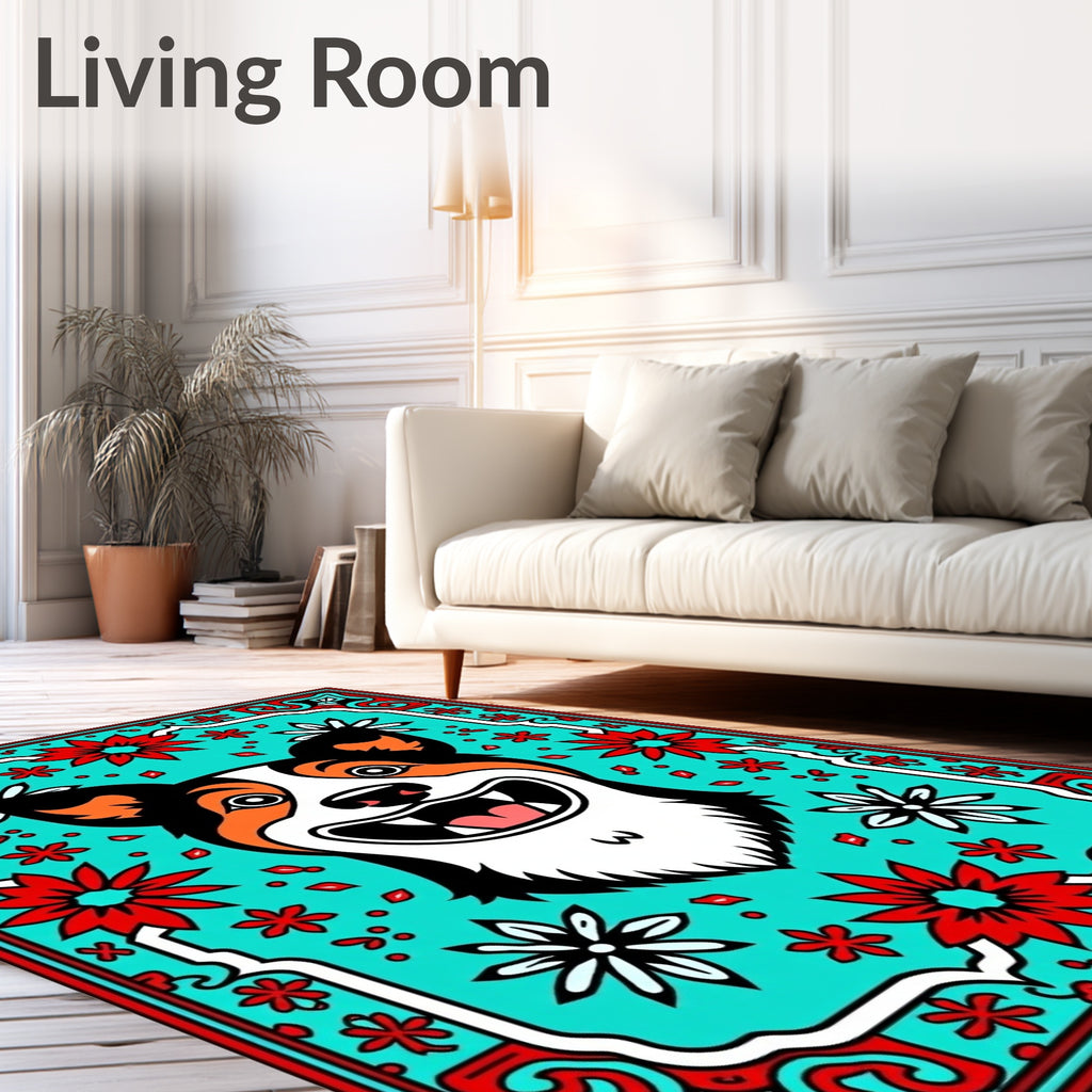 Bright Turquoise Corgi Floral Frame Rug
