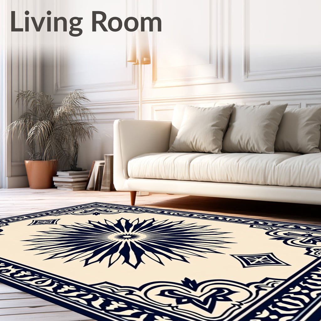 Classic Navy Sunburst Floral Frame Rug