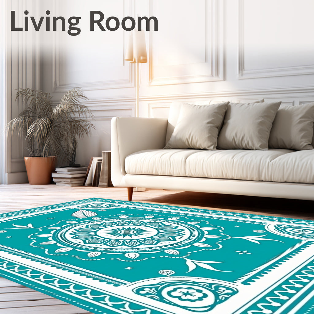 Teal Medallion Floral Border Rug