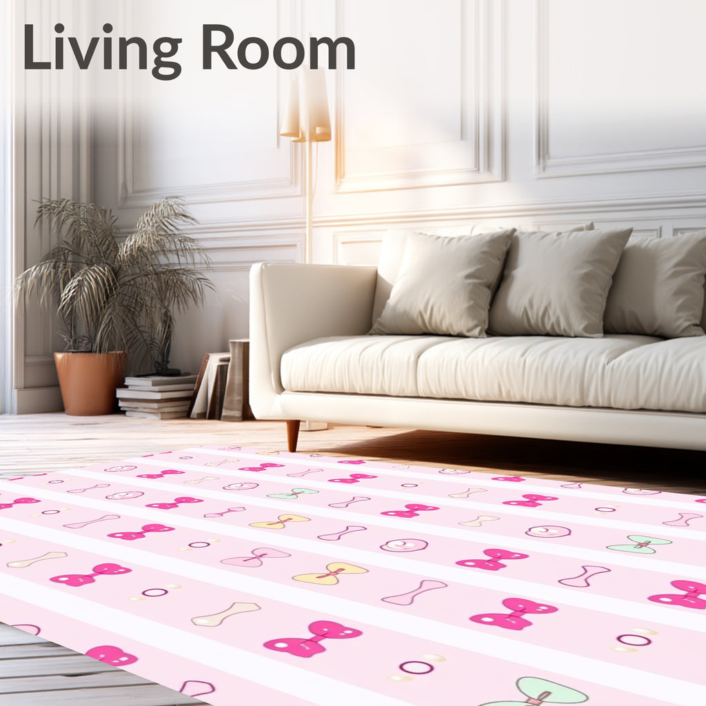 Pink Bows Scattered Stripes Rug