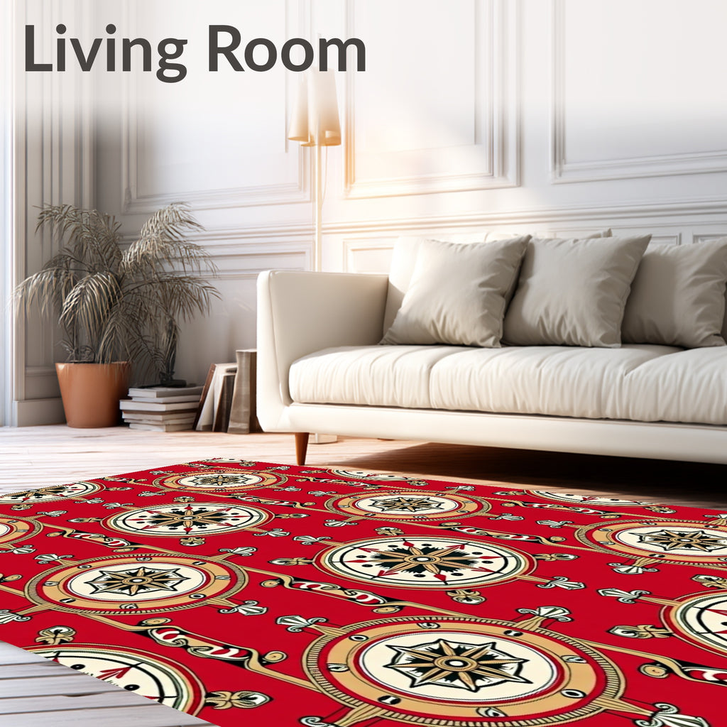Crimson Red Nautical Compass Medallion Rug