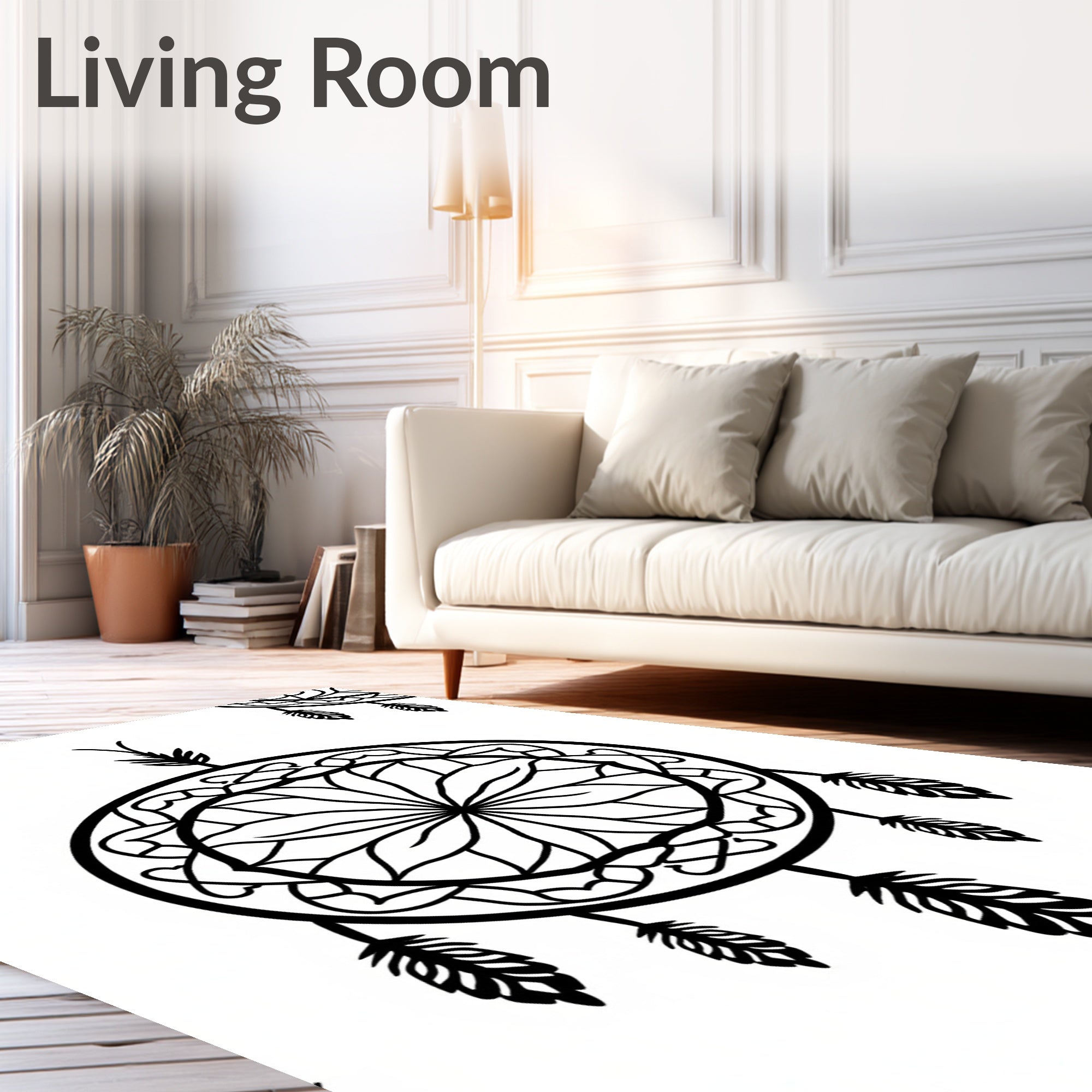 Black Dreamcatcher Feather Mandala Rug