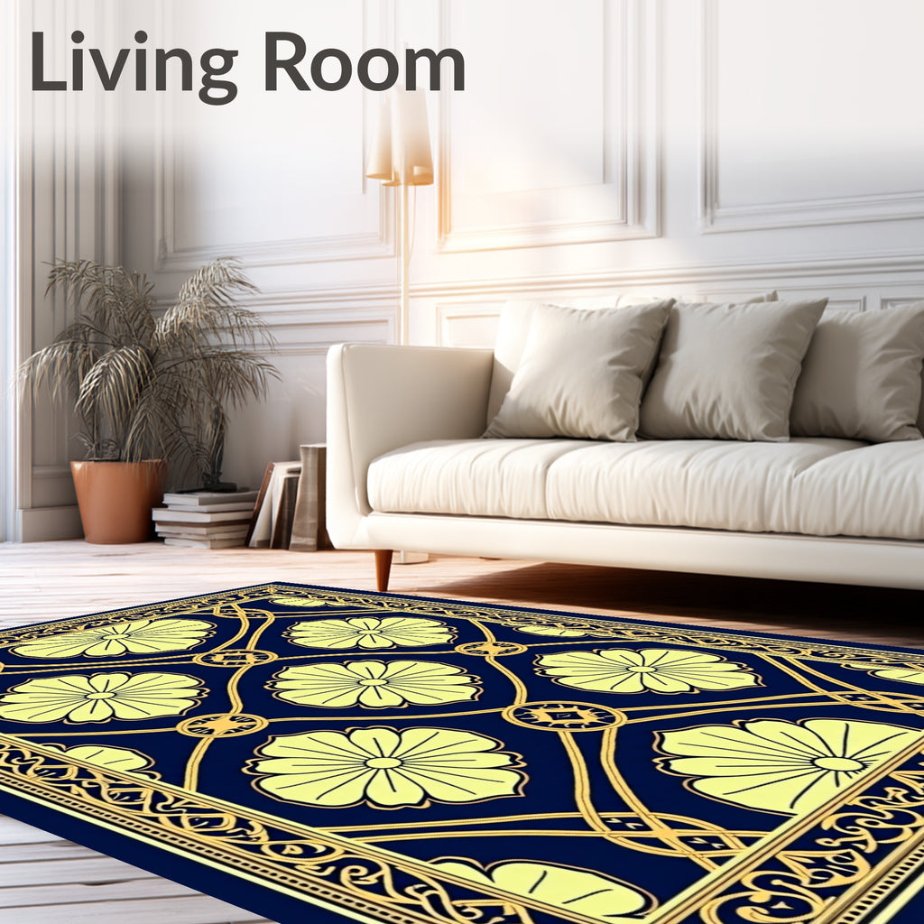 Navy Yellow Floral Medallion Lattice Rug