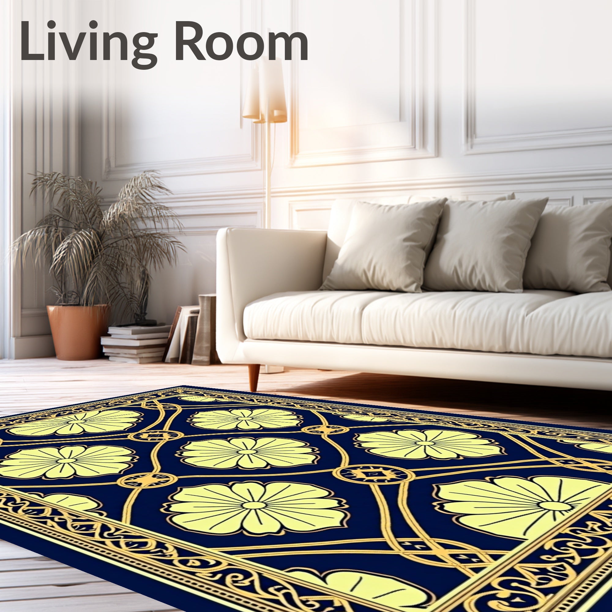 Navy Yellow Floral Medallion Lattice Rug