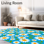Vibrant White Daisy Blooms Blue Background Rug