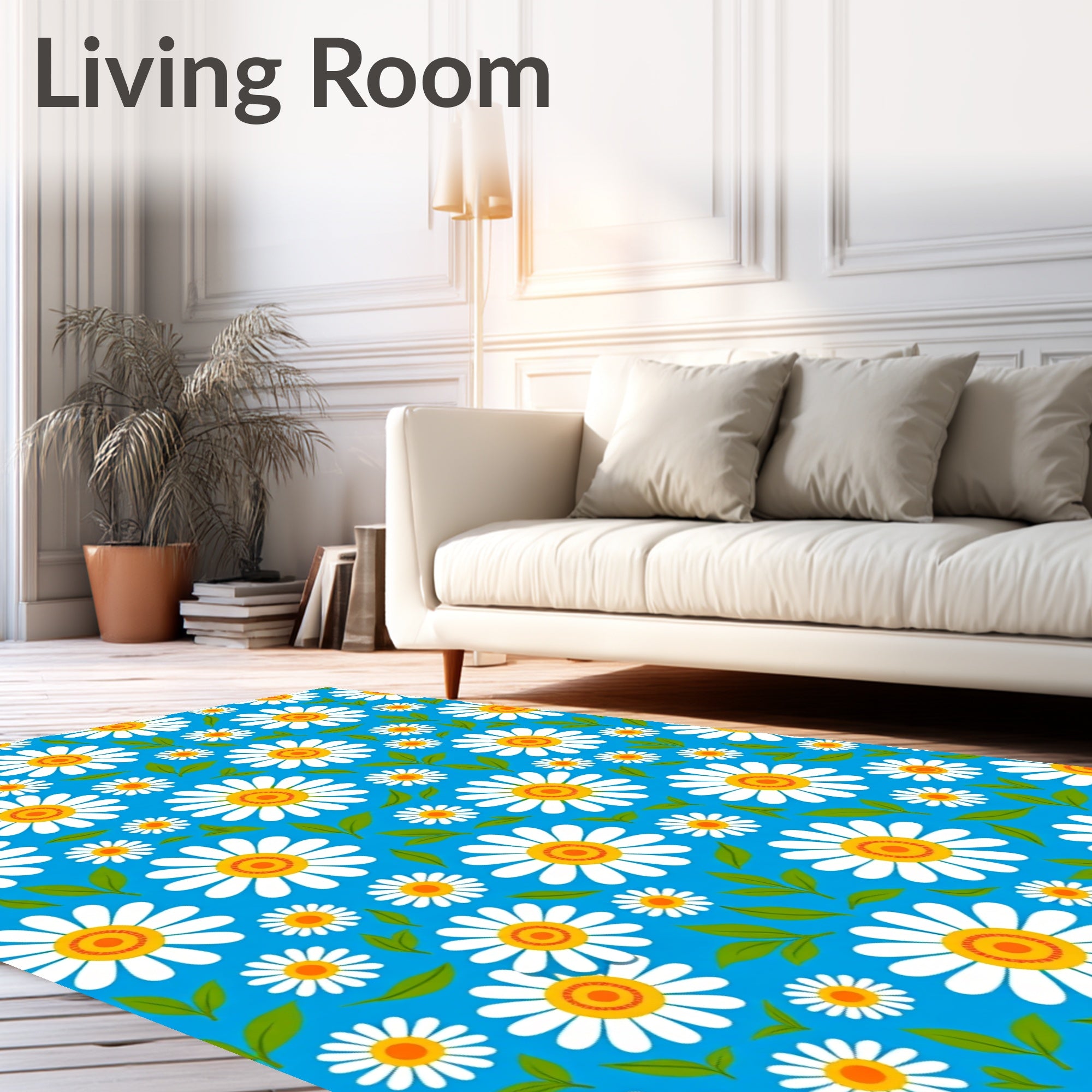 Vibrant White Daisy Blooms Blue Background Rug