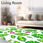Vibrant Green Tropical Leaf Pink Blossom Rug