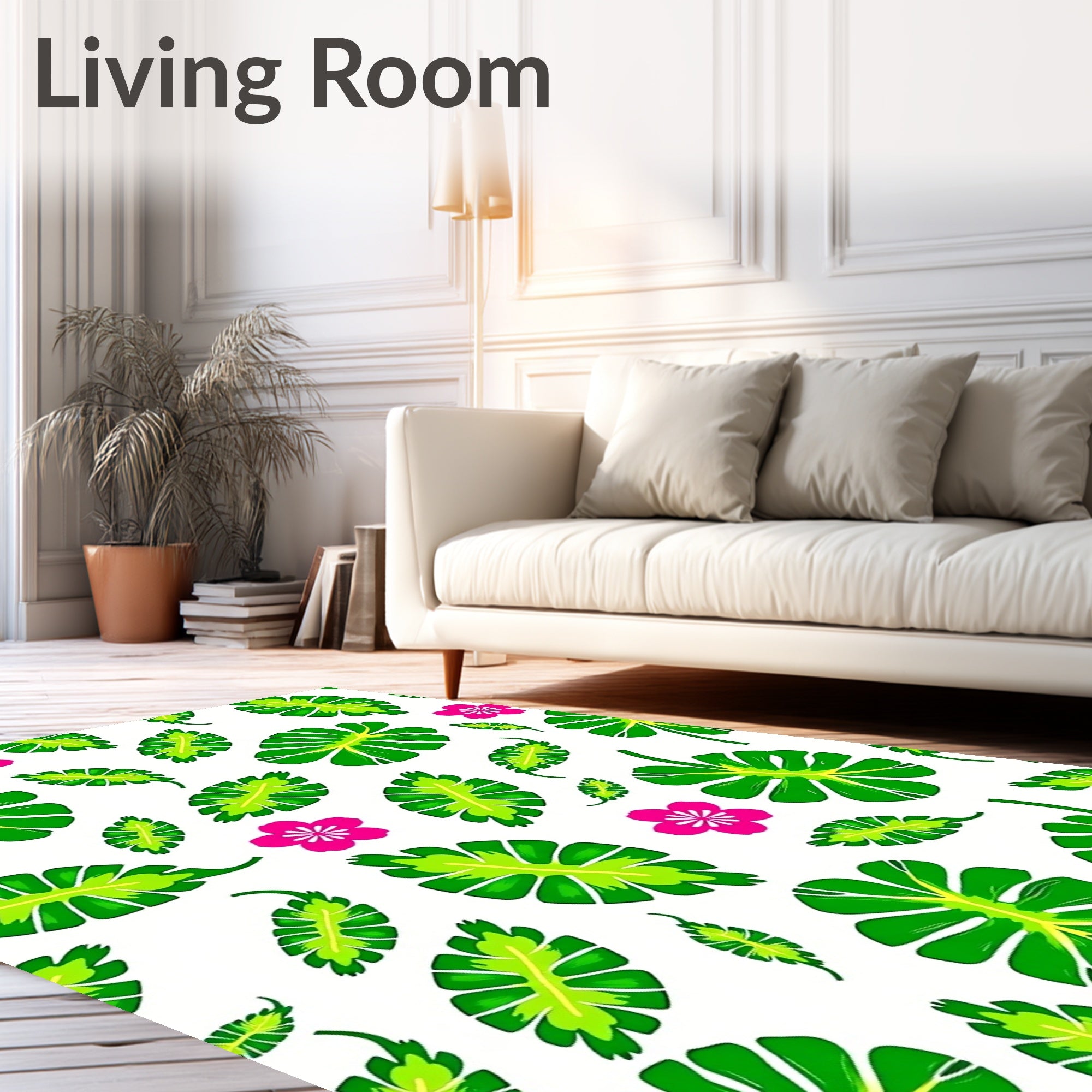 Vibrant Green Tropical Leaf Pink Blossom Rug