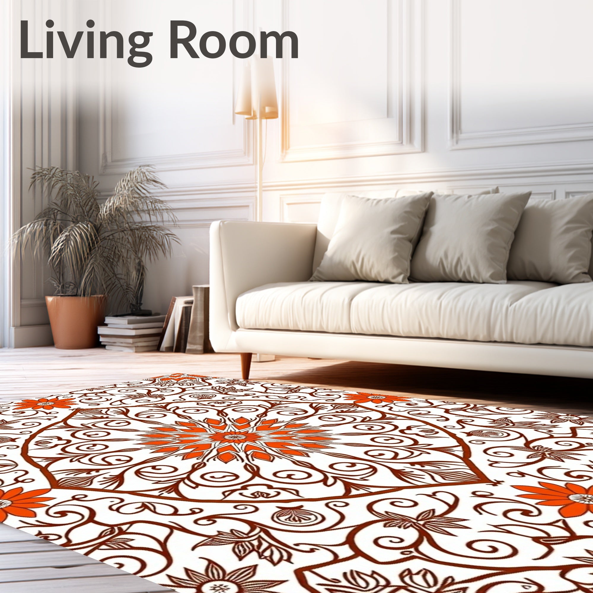 Orange Floral Mandala Scrollwork Medallion Rug