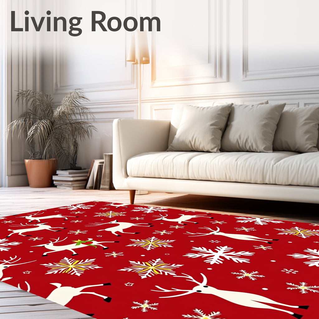 Red Reindeer Snowflake Repeating Pattern Rug