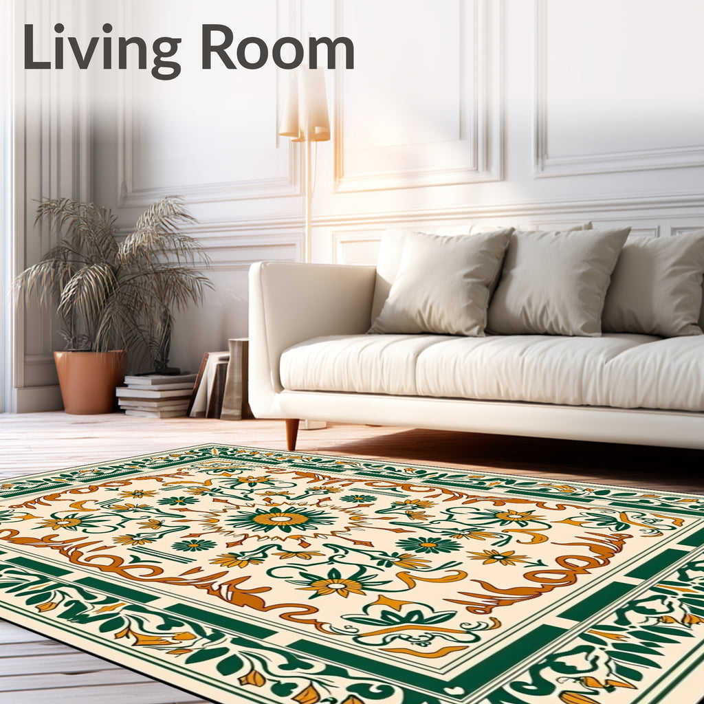 Cream Orange Green Floral Medallion Rug