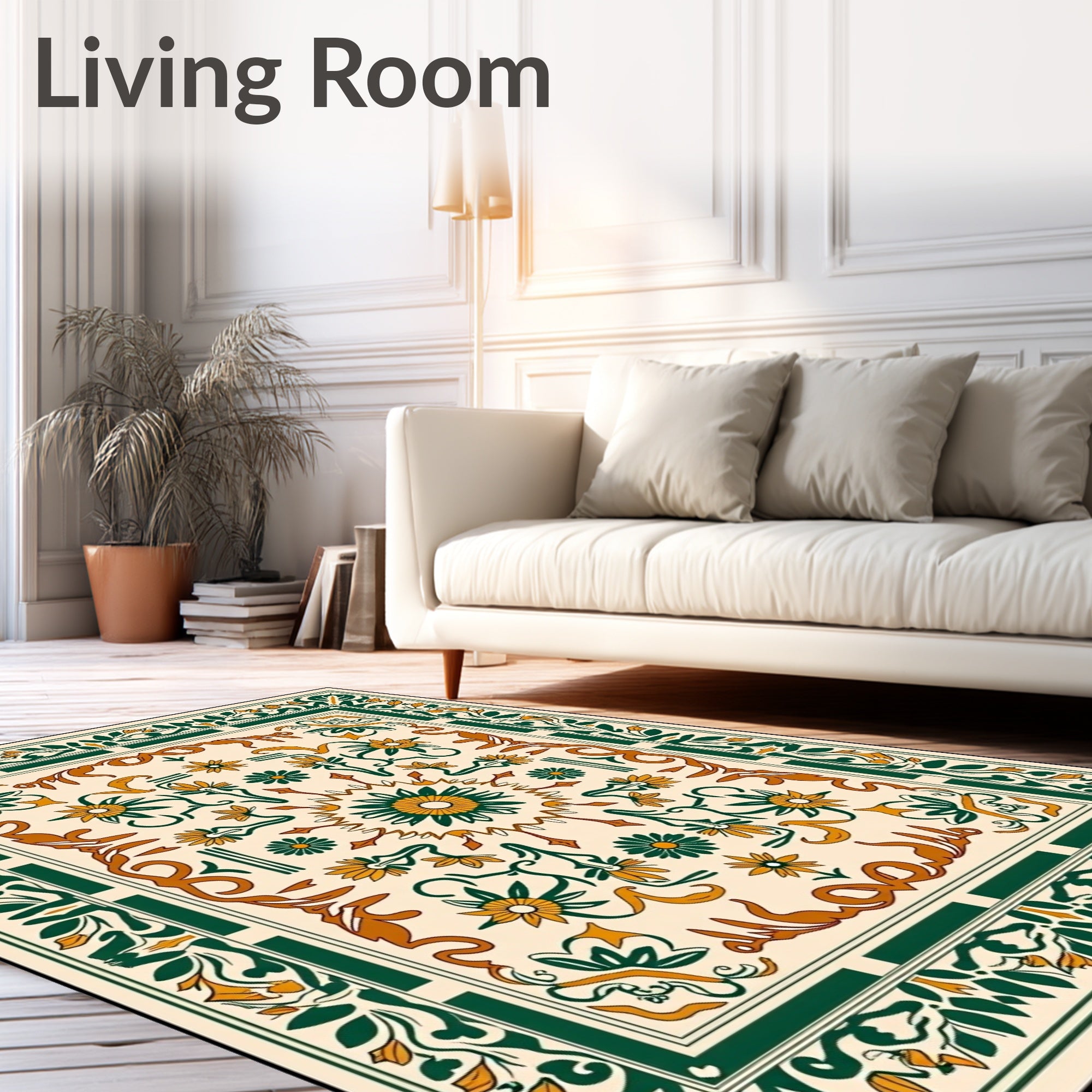 Cream Orange Green Floral Medallion Rug