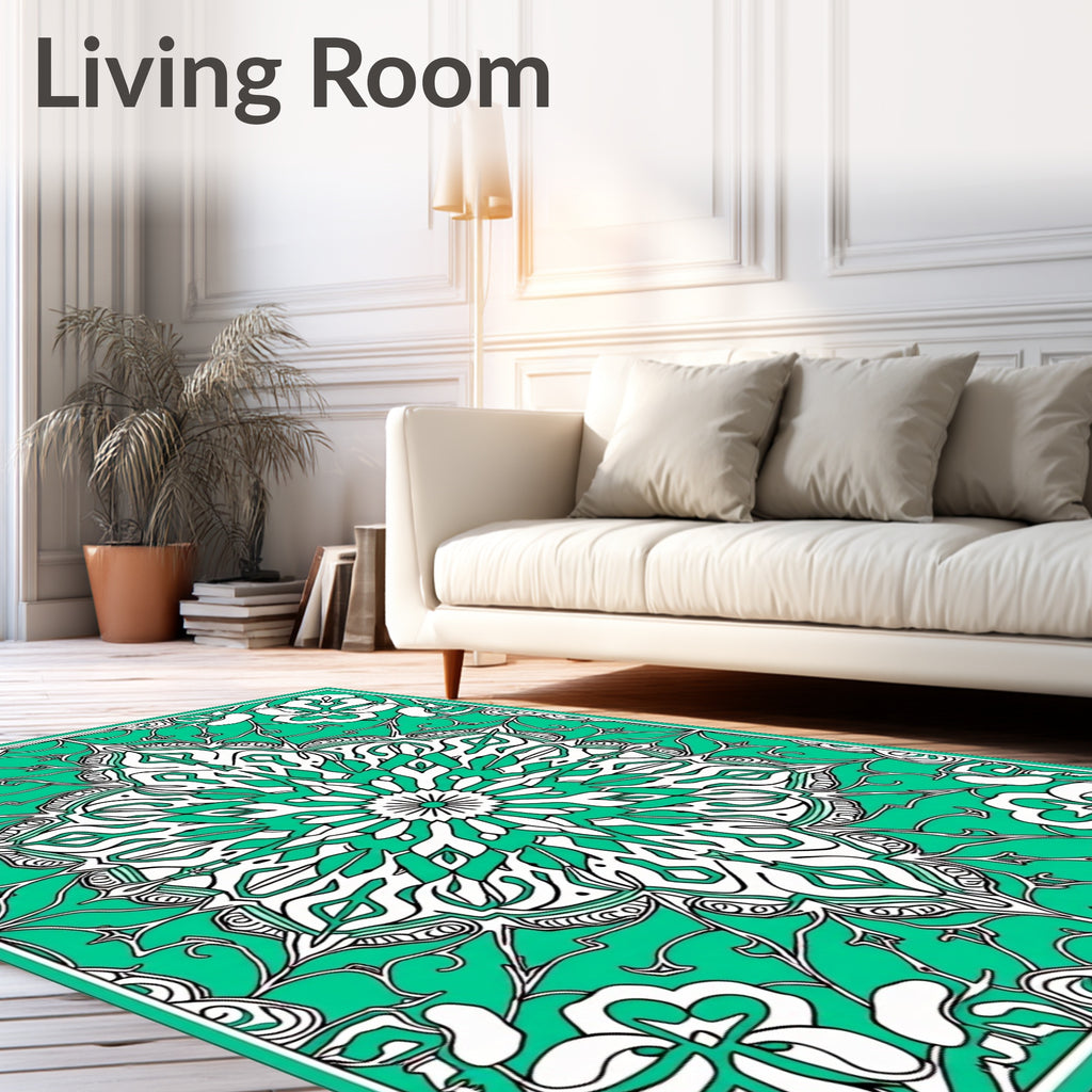 Emerald White Floral Mandala Rug