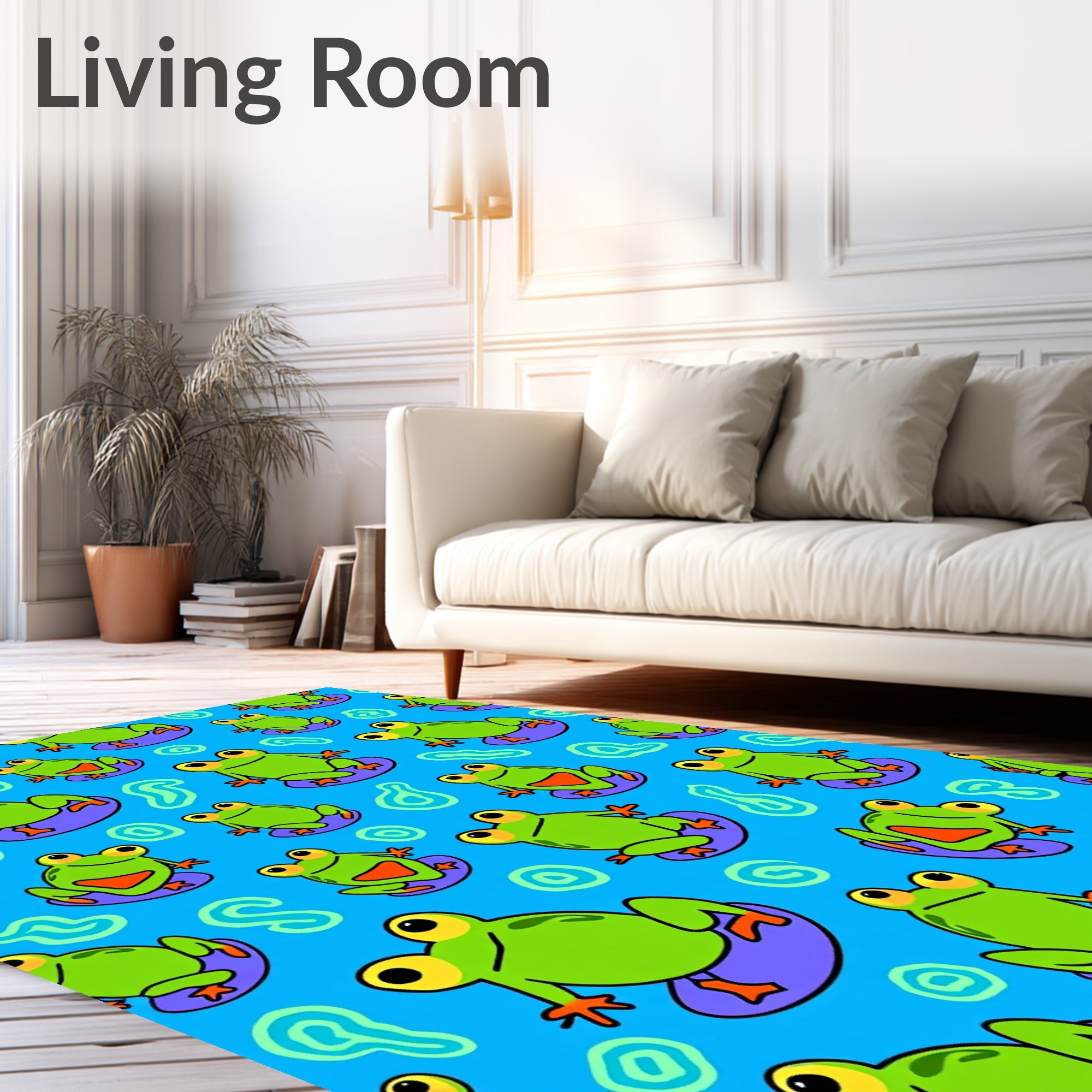 Whimsical Green Frogs Purple Lilypad Rug