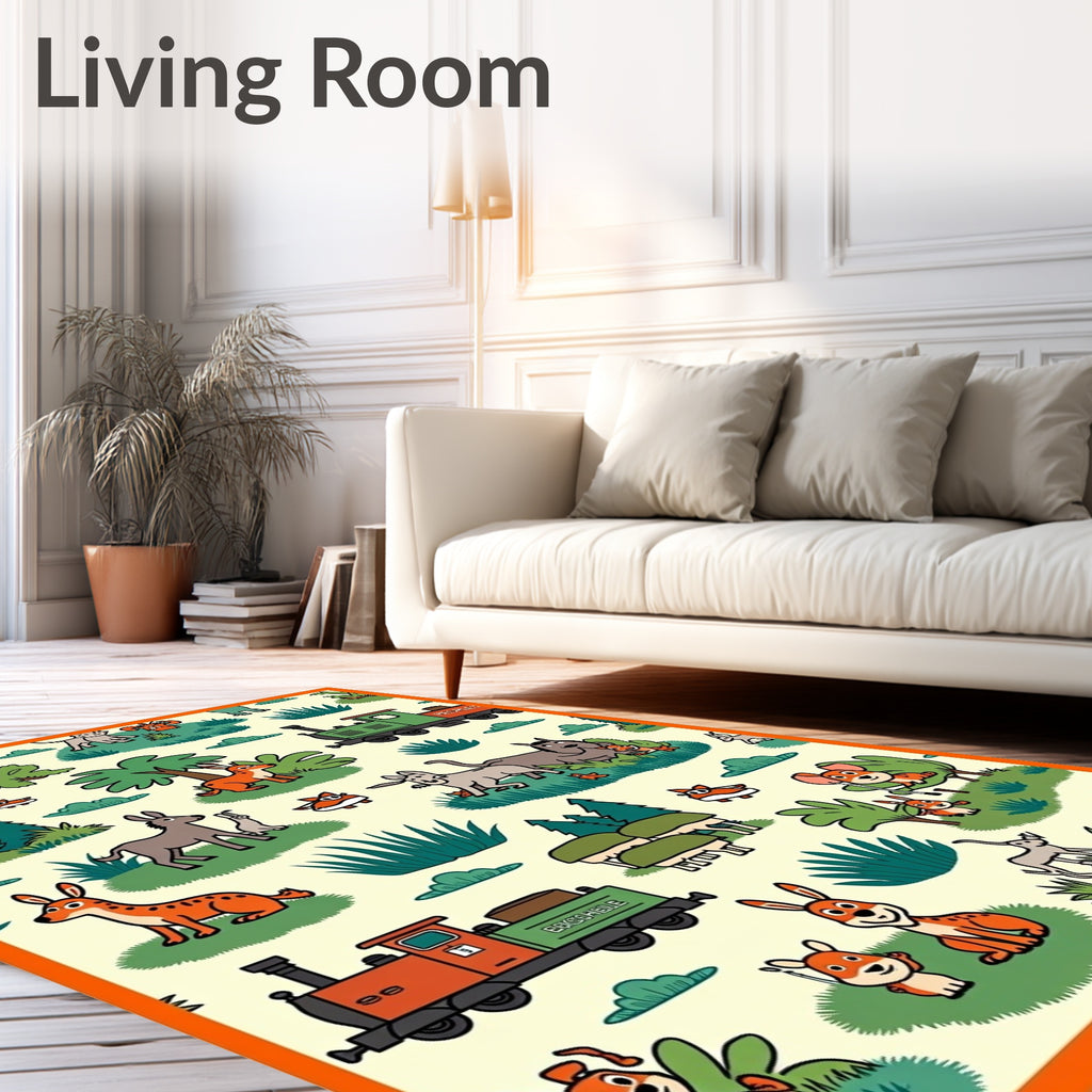 Whimsical Woodland Animals Train Scene Rug