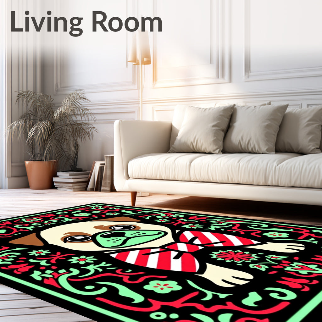 Playful Pug Red Mint Floral Border Rug