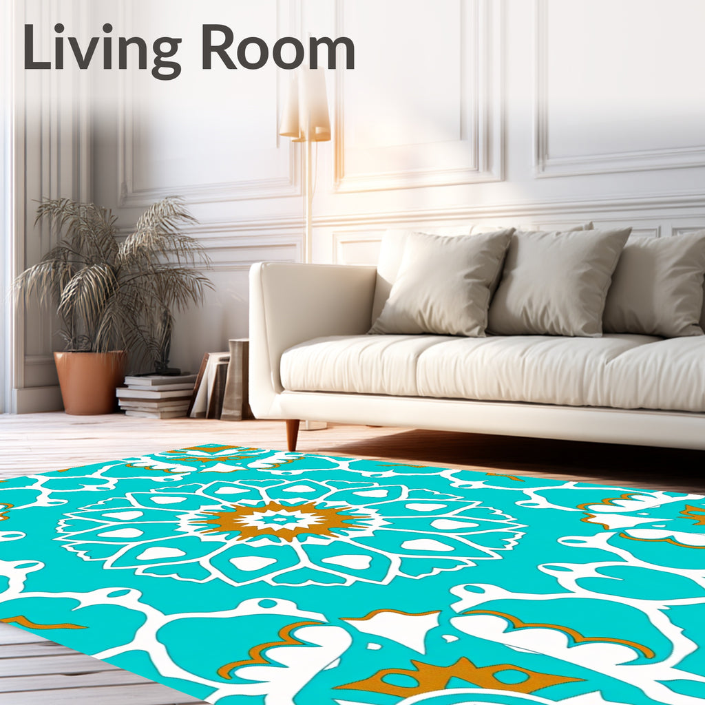 Teal White And Gold Floral Mandala Rug