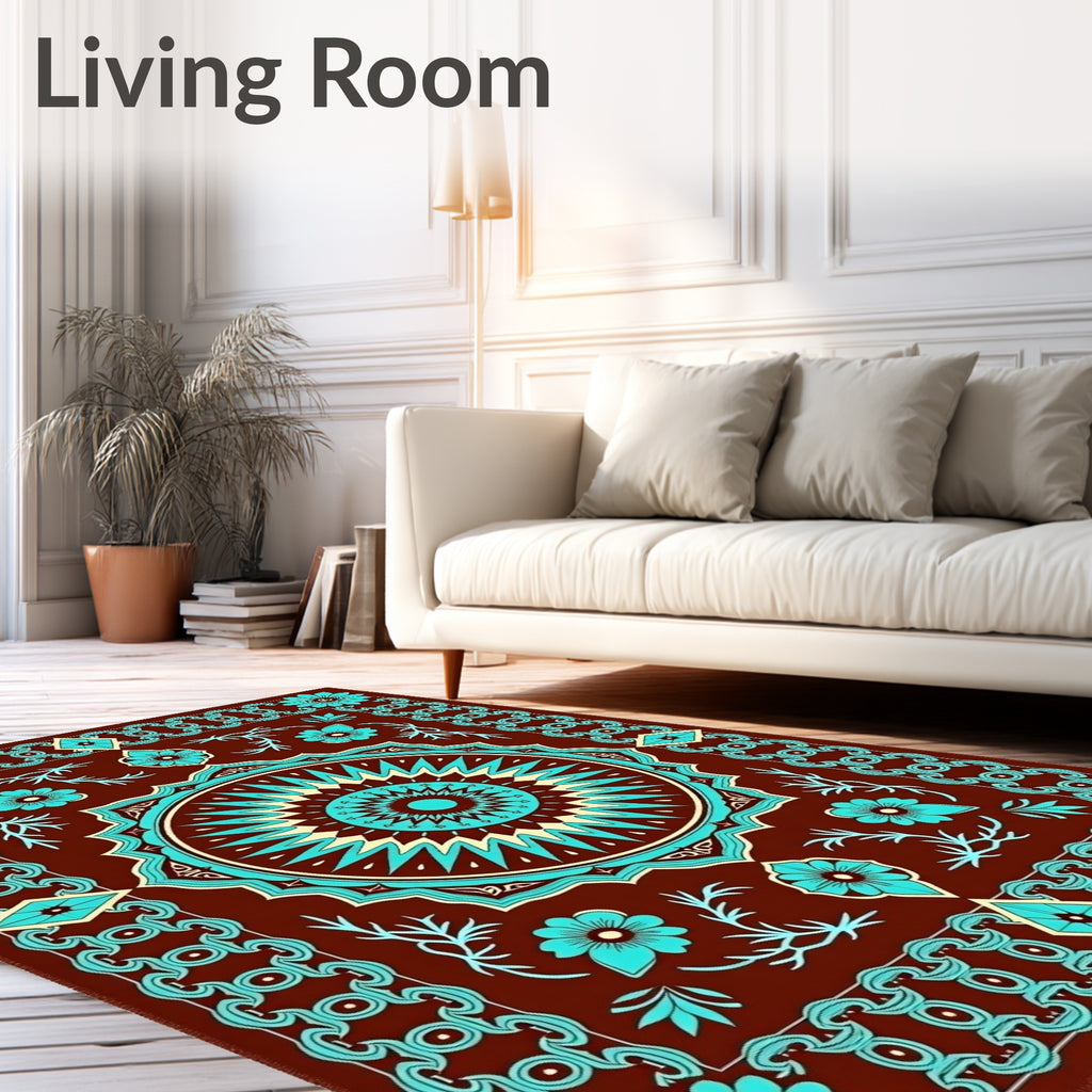 Brown Cyan Sunburst Floral Medallion Rug