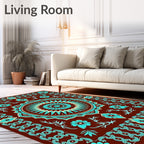 Brown Cyan Sunburst Floral Medallion Rug