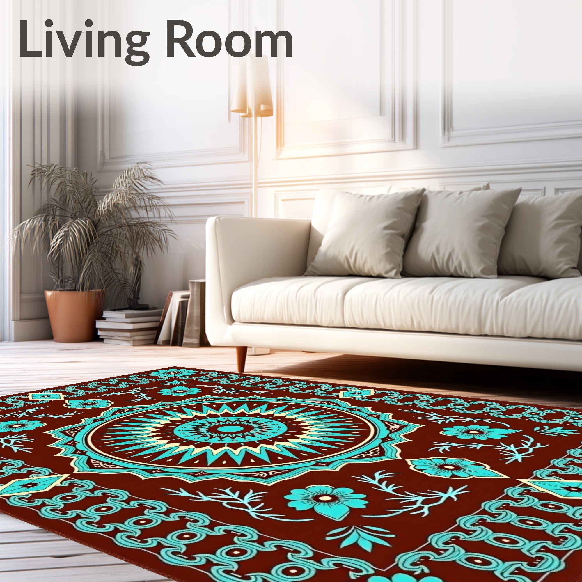 Brown Cyan Sunburst Floral Medallion Rug