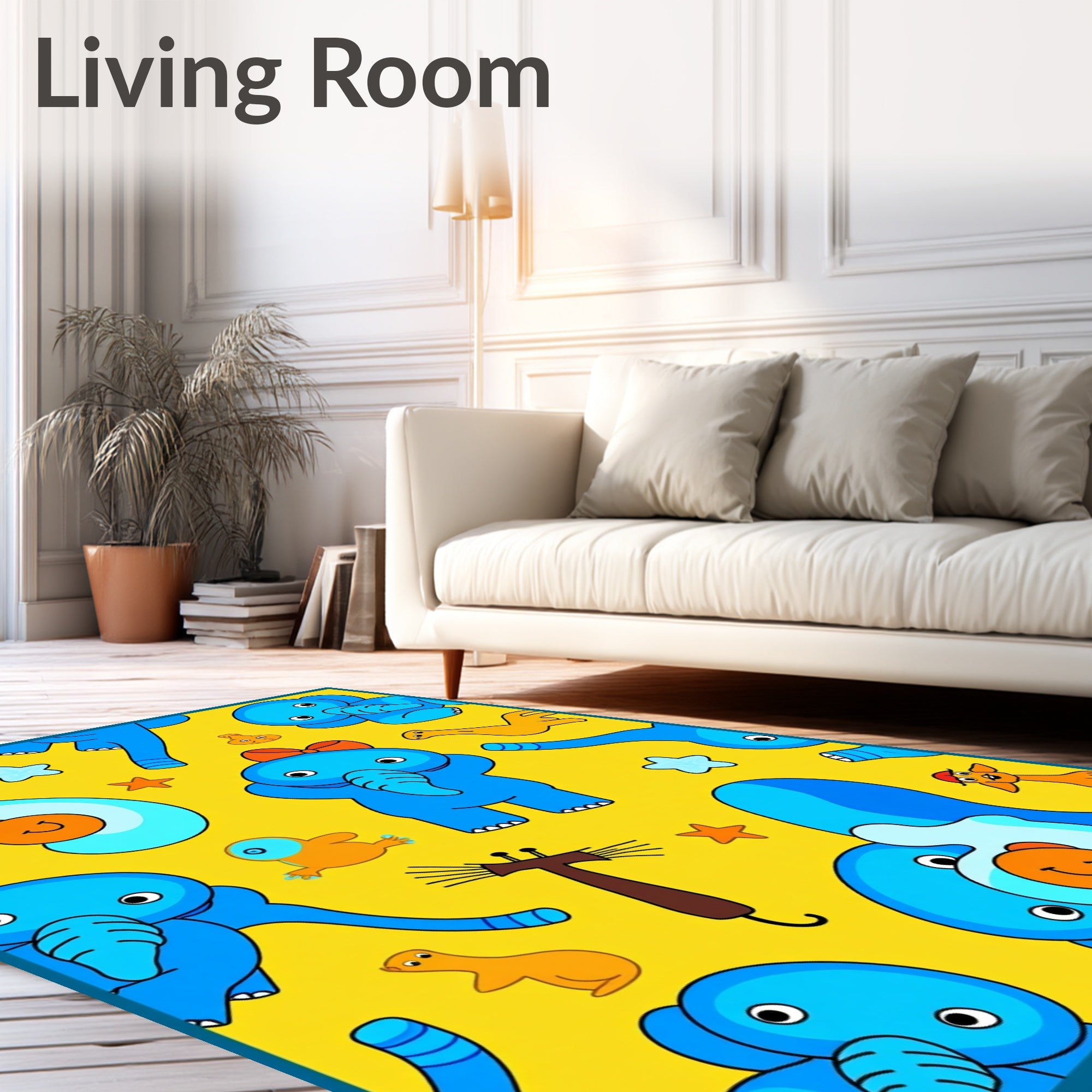 Playful Blue Elephants Yellow Whimsical Scene Rug