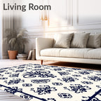 Cream Navy Blue Damask Scroll Medallion Rug