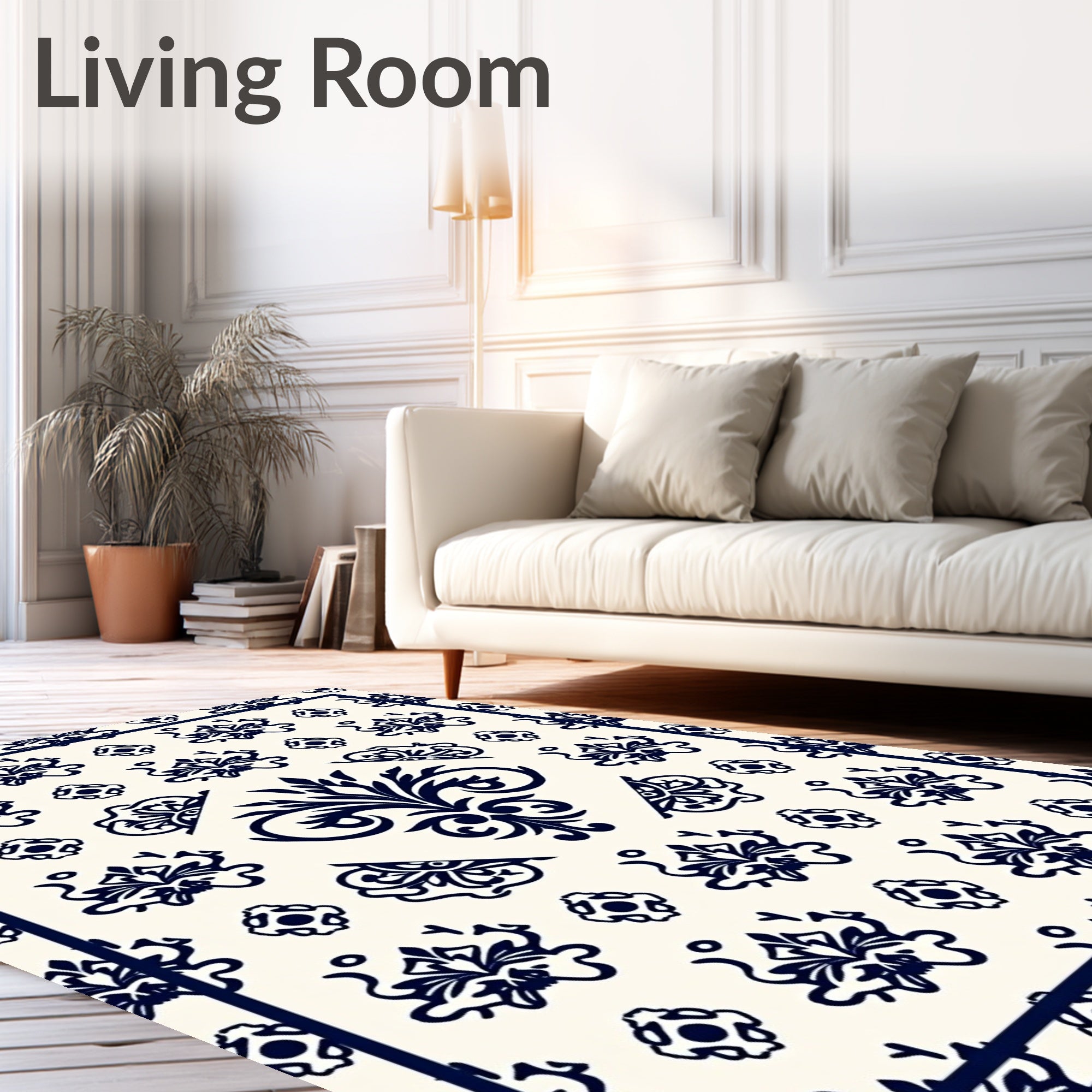 Cream Navy Blue Damask Scroll Medallion Rug