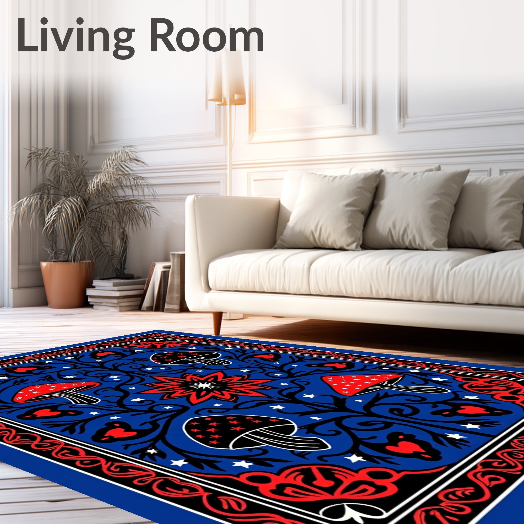 Red Starred Mushroom Forest Border Rug
