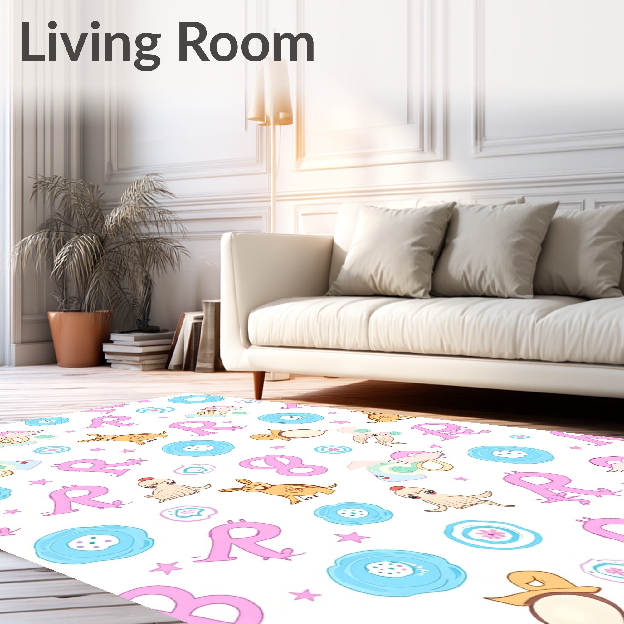Whimsical Pink R Characters and Animals Rug