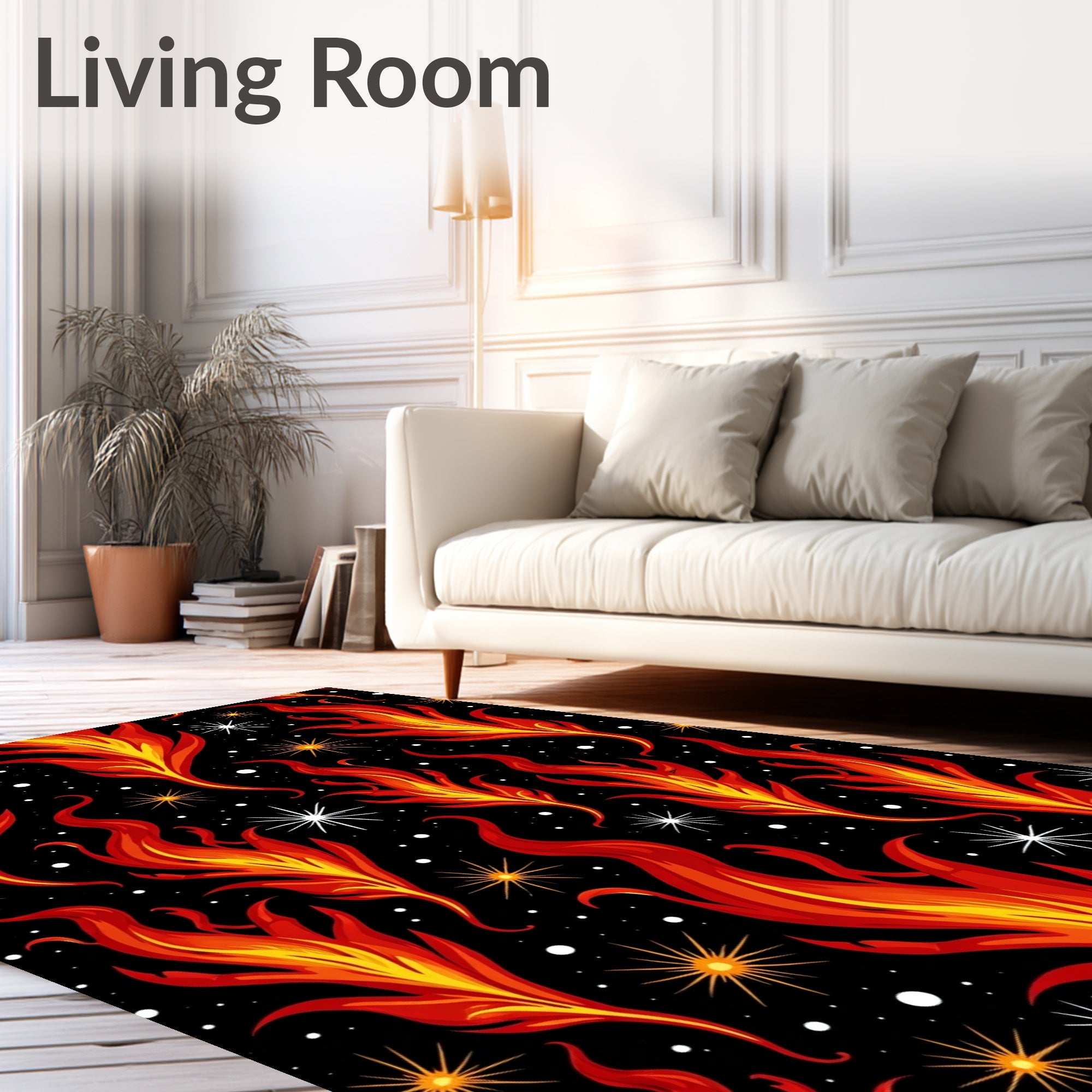 Fiery Red Yellow Flames Black Stars Rug