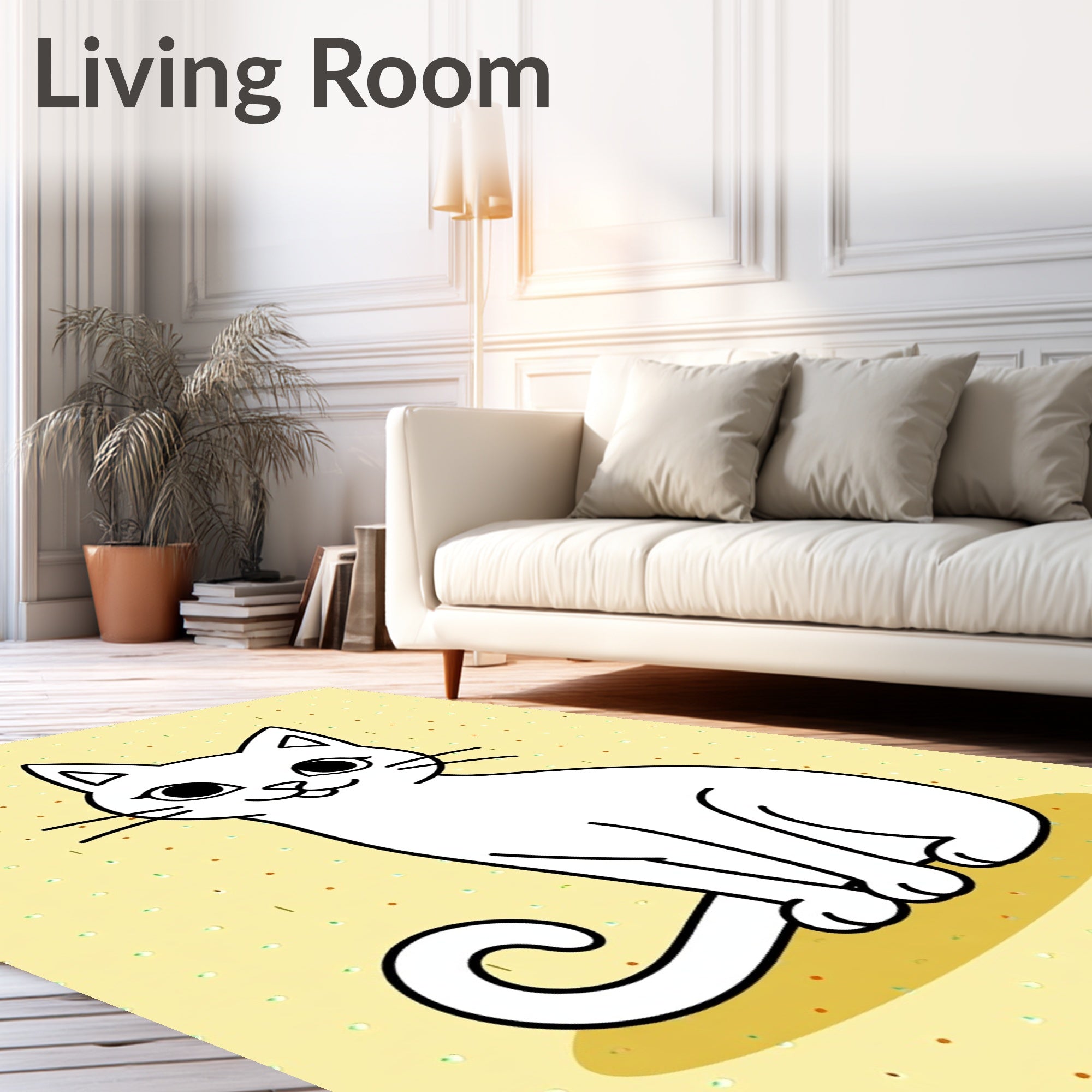 Cute White Kitty Textured Yellow Rug