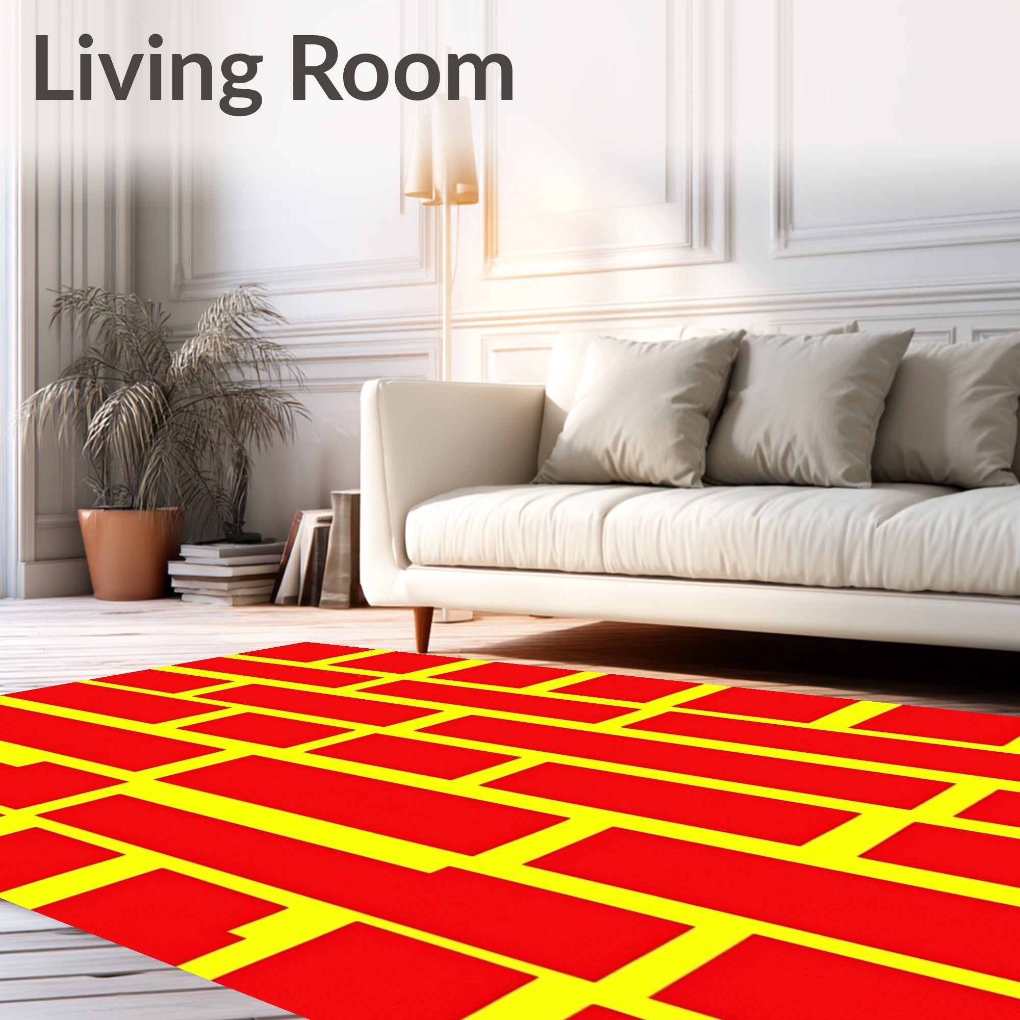 Bold Red Yellow Rectangular Grid Rug