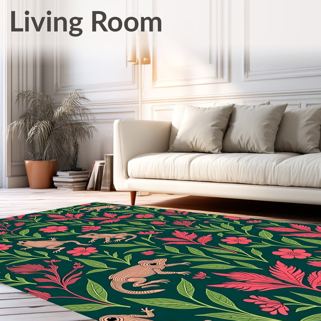 Coral Frogs Greenery Floral Garden Rug