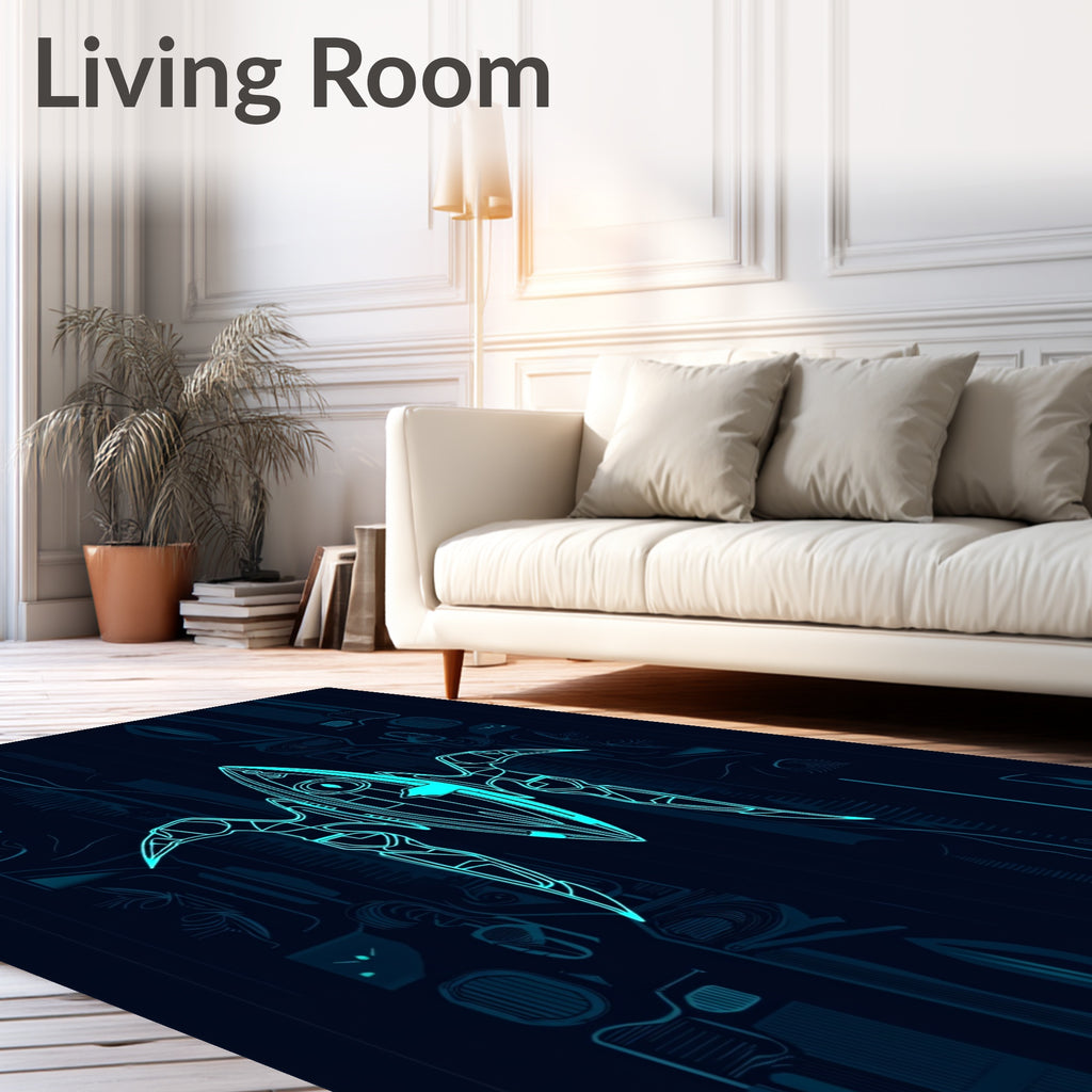 Futuristic Neon Blue Abstract Spaceship Rug