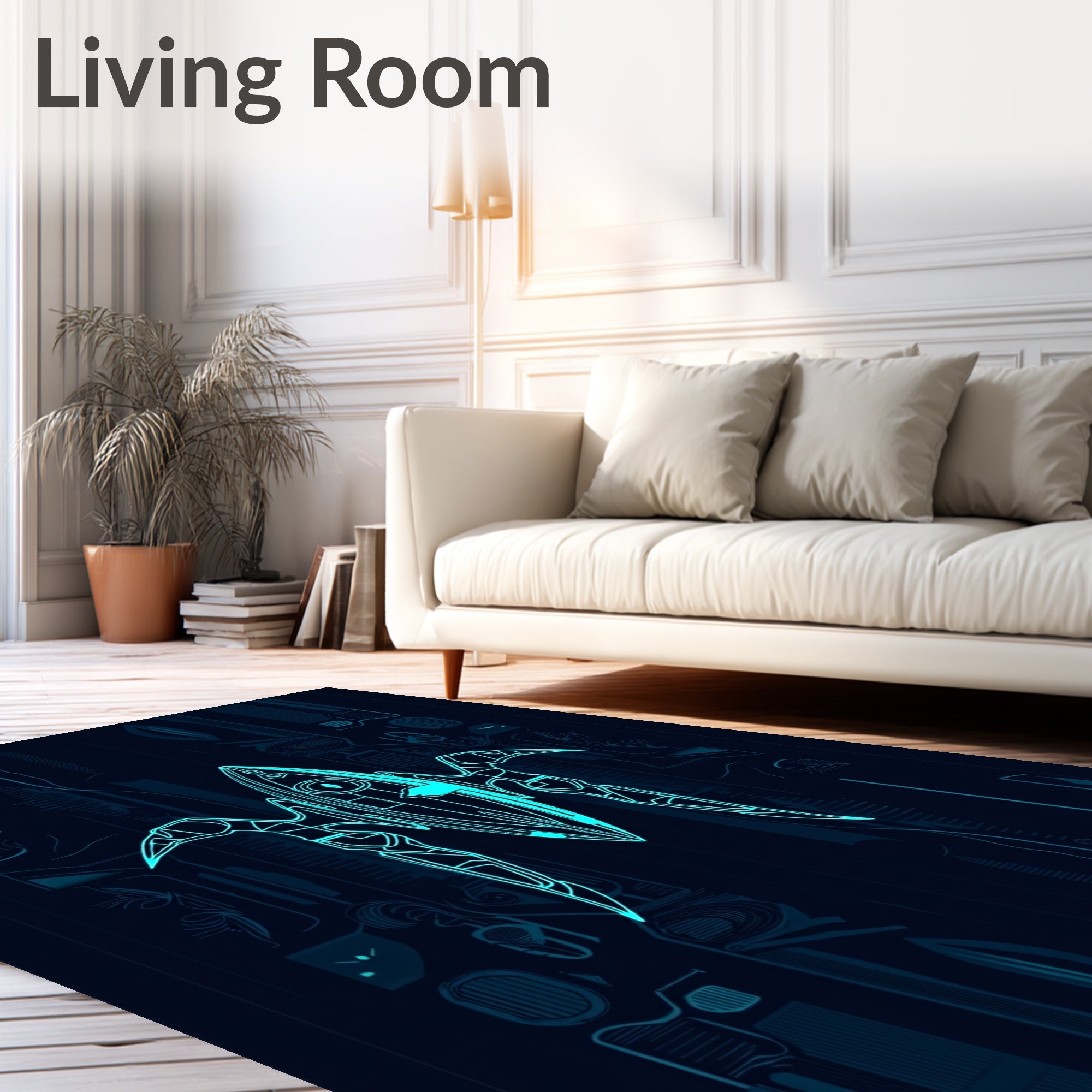 Futuristic Neon Blue Abstract Spaceship Rug