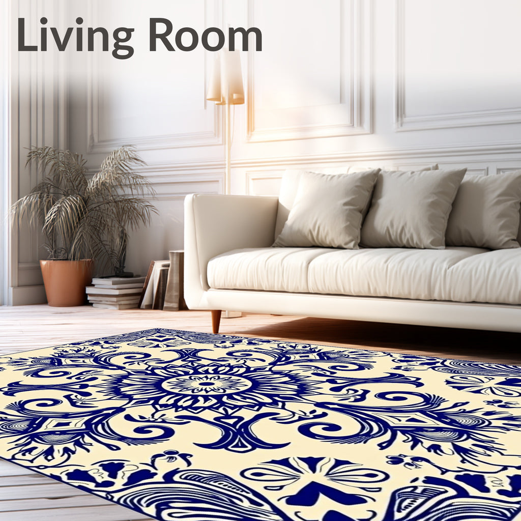 Navy Blue Floral Mandala Cream Rug