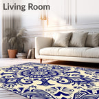 Navy Blue Floral Mandala Cream Rug